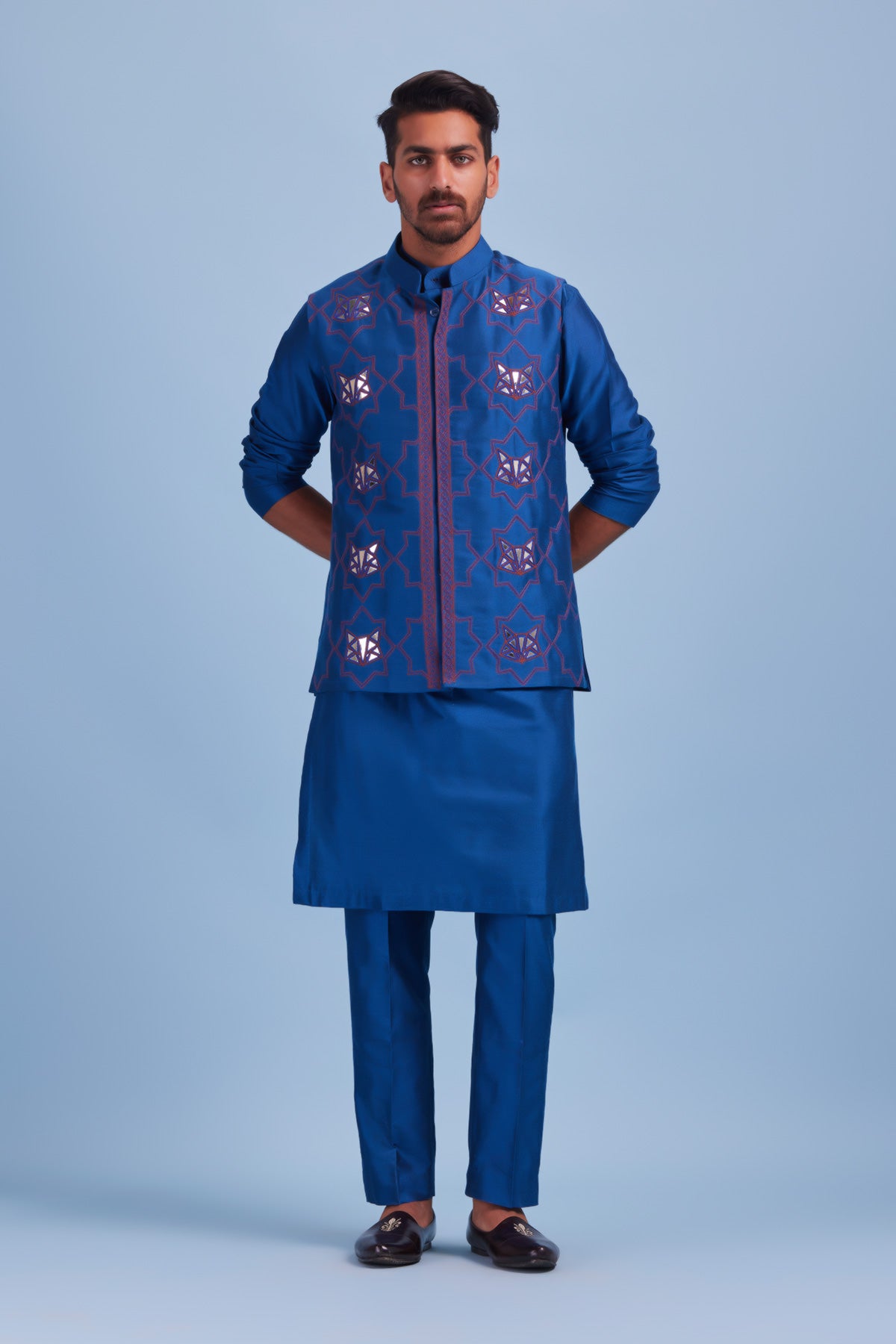 Indigo Blue Fauna Acrylic and Thread Embroidered Kurta and Bundy With Indigo Blue Pants