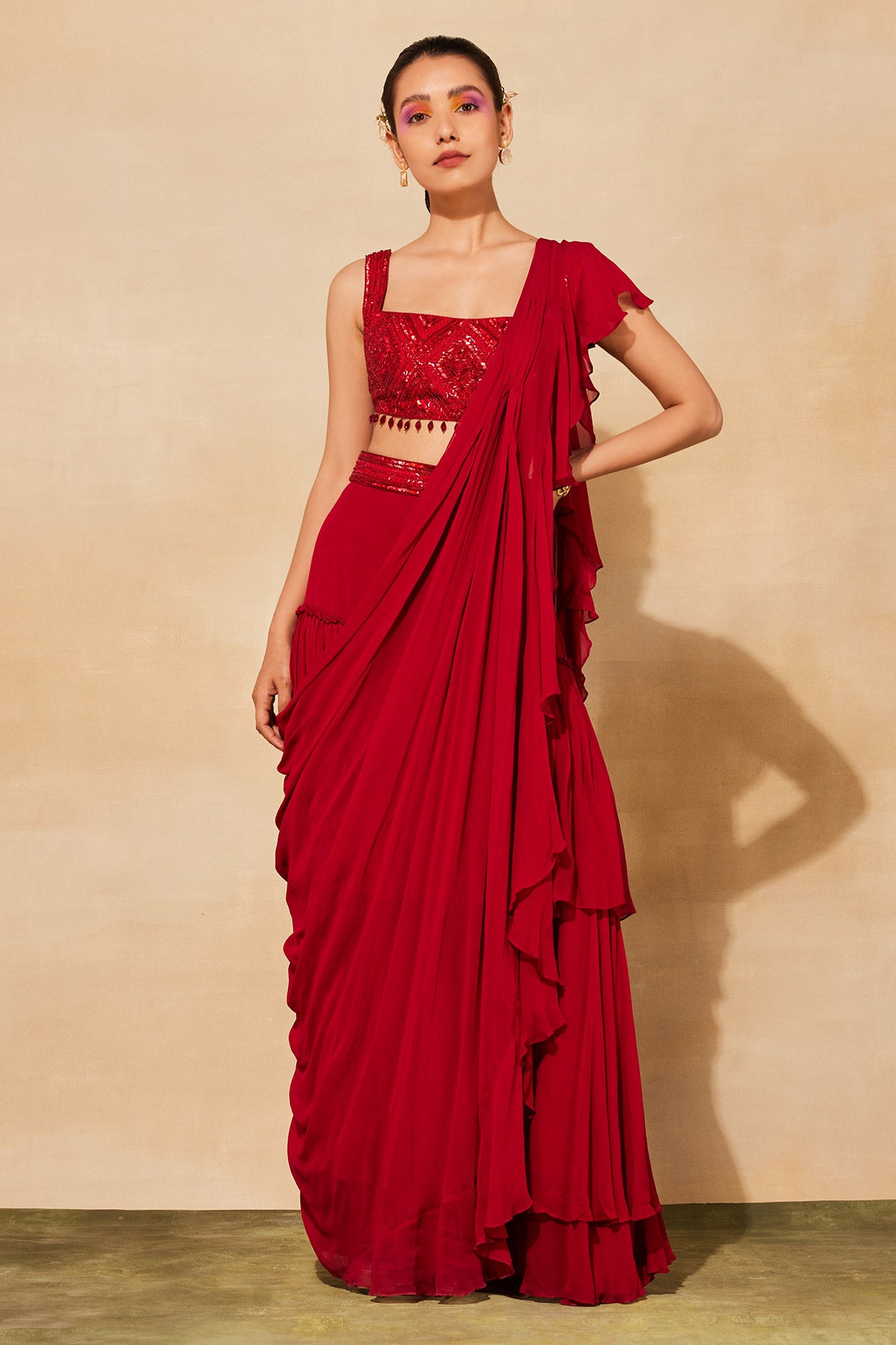 CRIMSON RED DIAMOND  EMBROIDERED SAREE SET