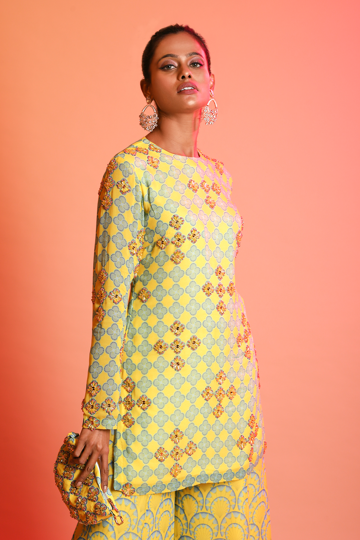 Yellow- Sky Blue Butta Printed Kurti  With Fan Butta Printed Sharara & Potli Bag