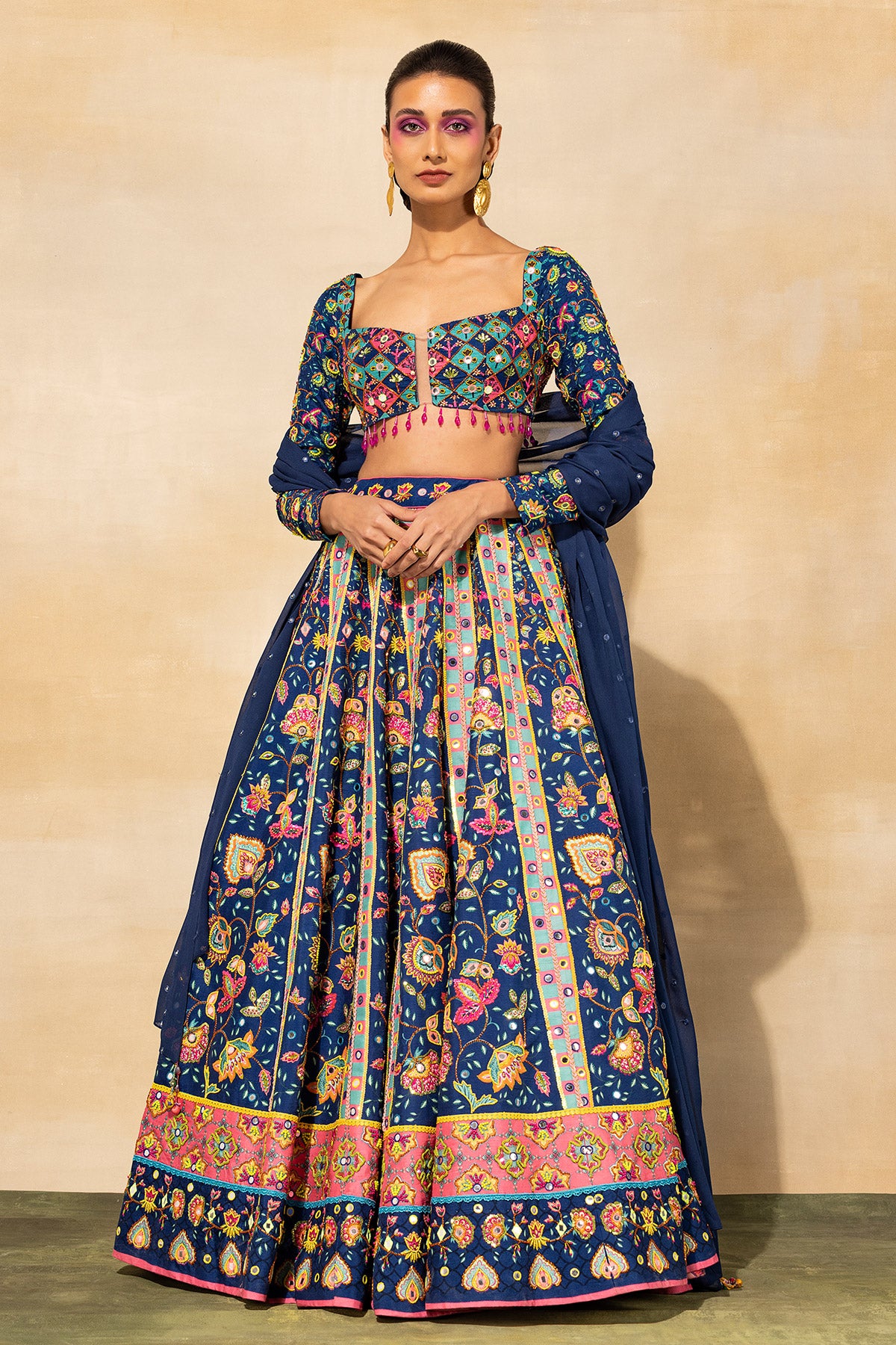DARK BLUE PRINT & EMBROIDERED LEHENGA SET