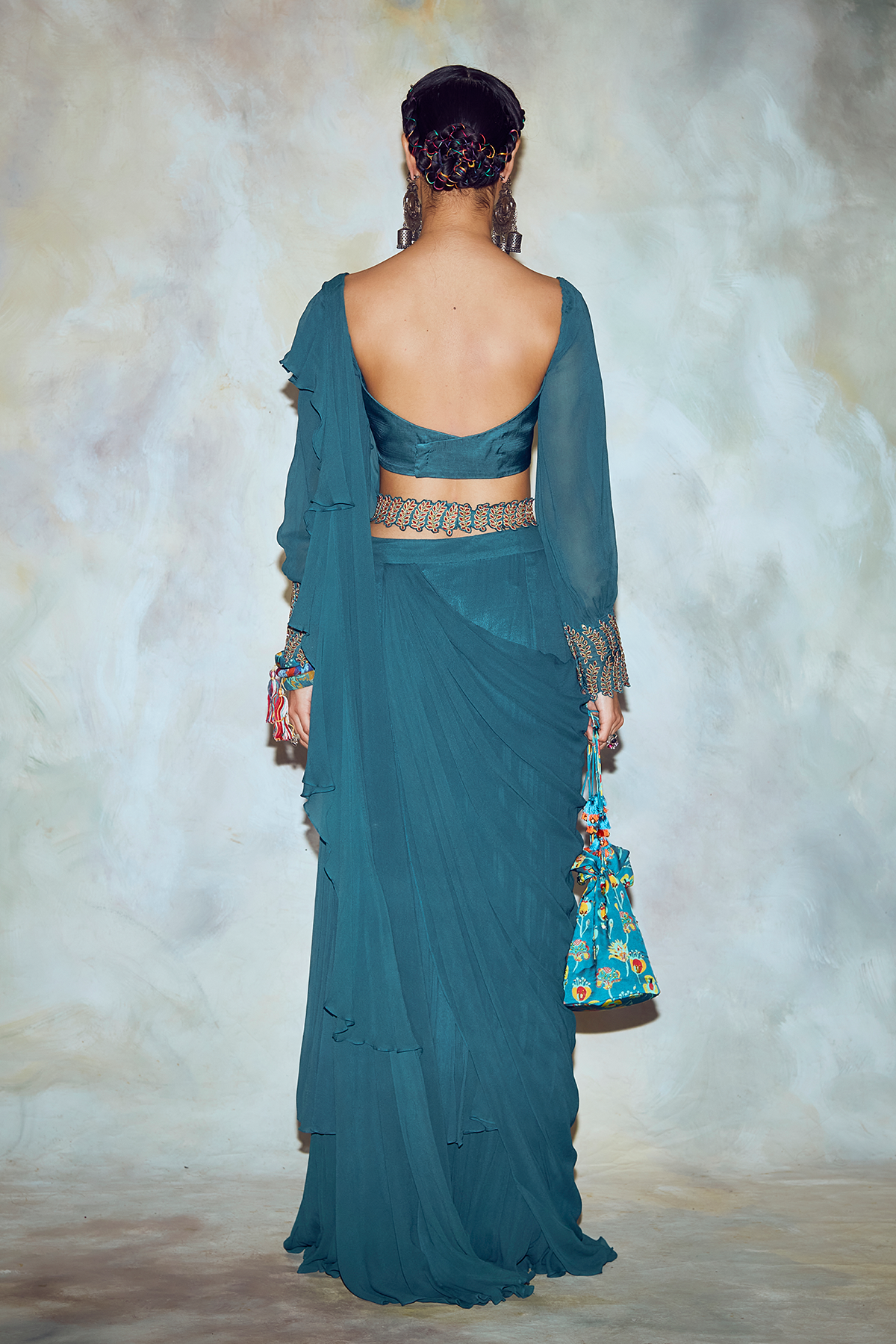 Teal Blue Sleeves Cuff Saree Set