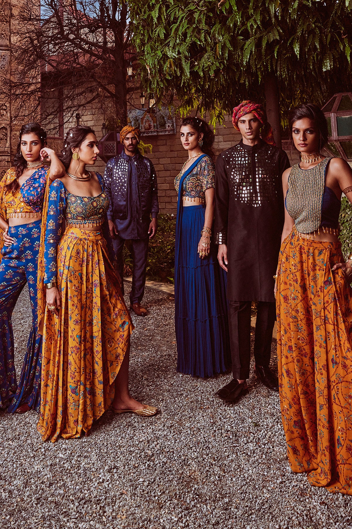 Yellow & Blue Crop Top Blue Butta Printed Godet Pants