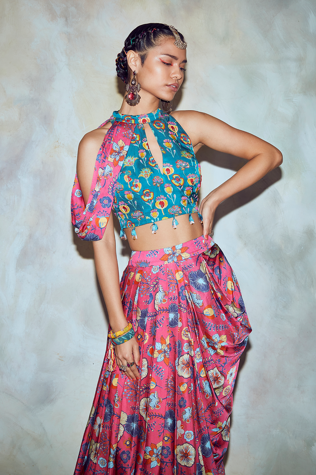 Teal Blue Floral Crop Top Set