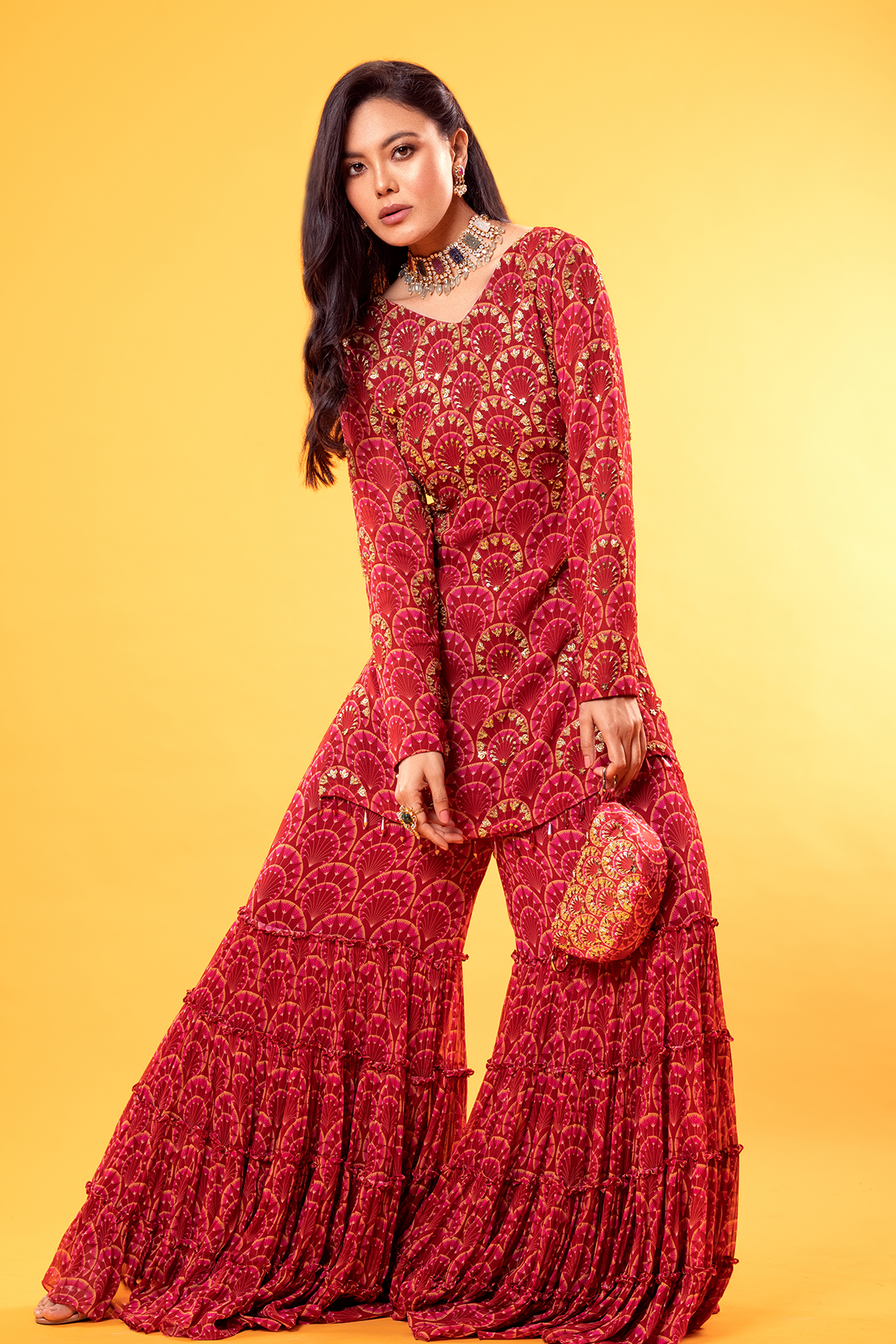 Maroon Fan Printed Kurti With Tiered Sharara & Embroidered Potli Bag