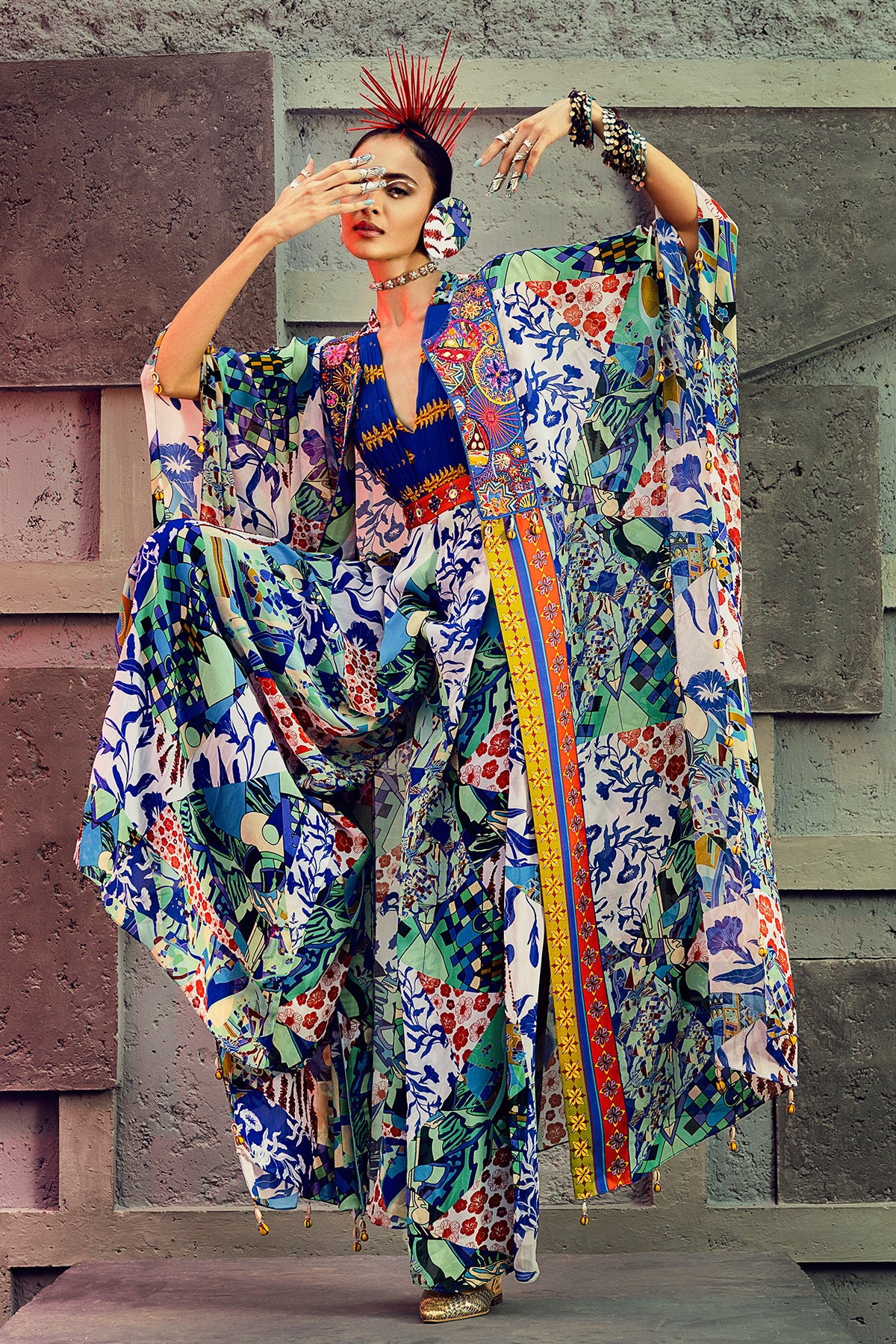 White & Blue Aztec Printed Cape Jumpsuit