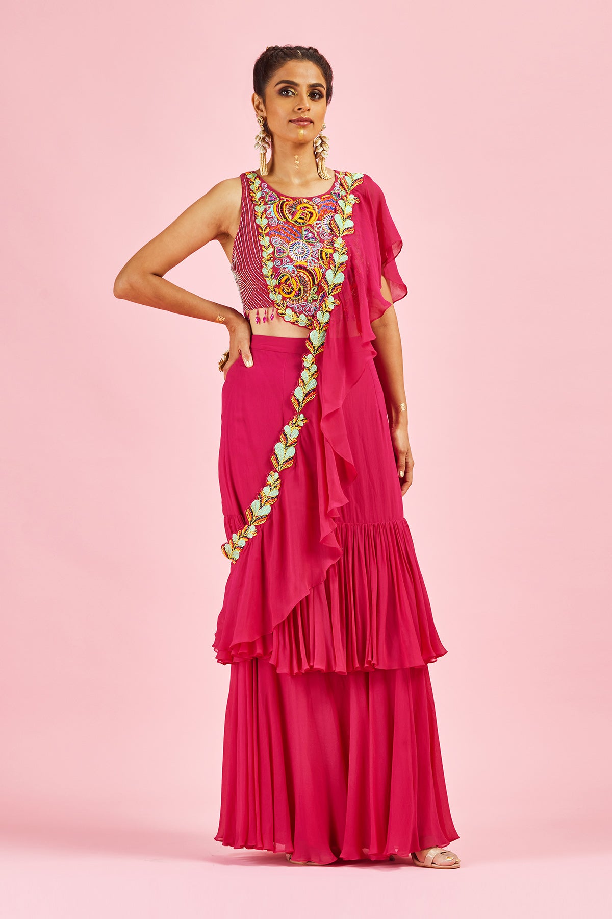 Fuchsia Pink Embroidered Blouse With Ruffle Sari