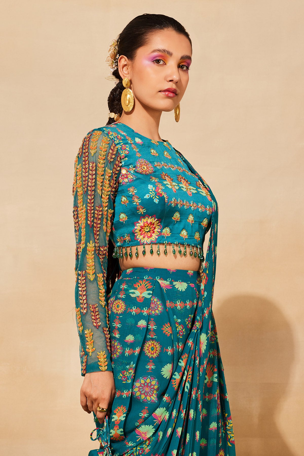 TEAL BLUE PRINT & EMBROIDERED SAREE SET