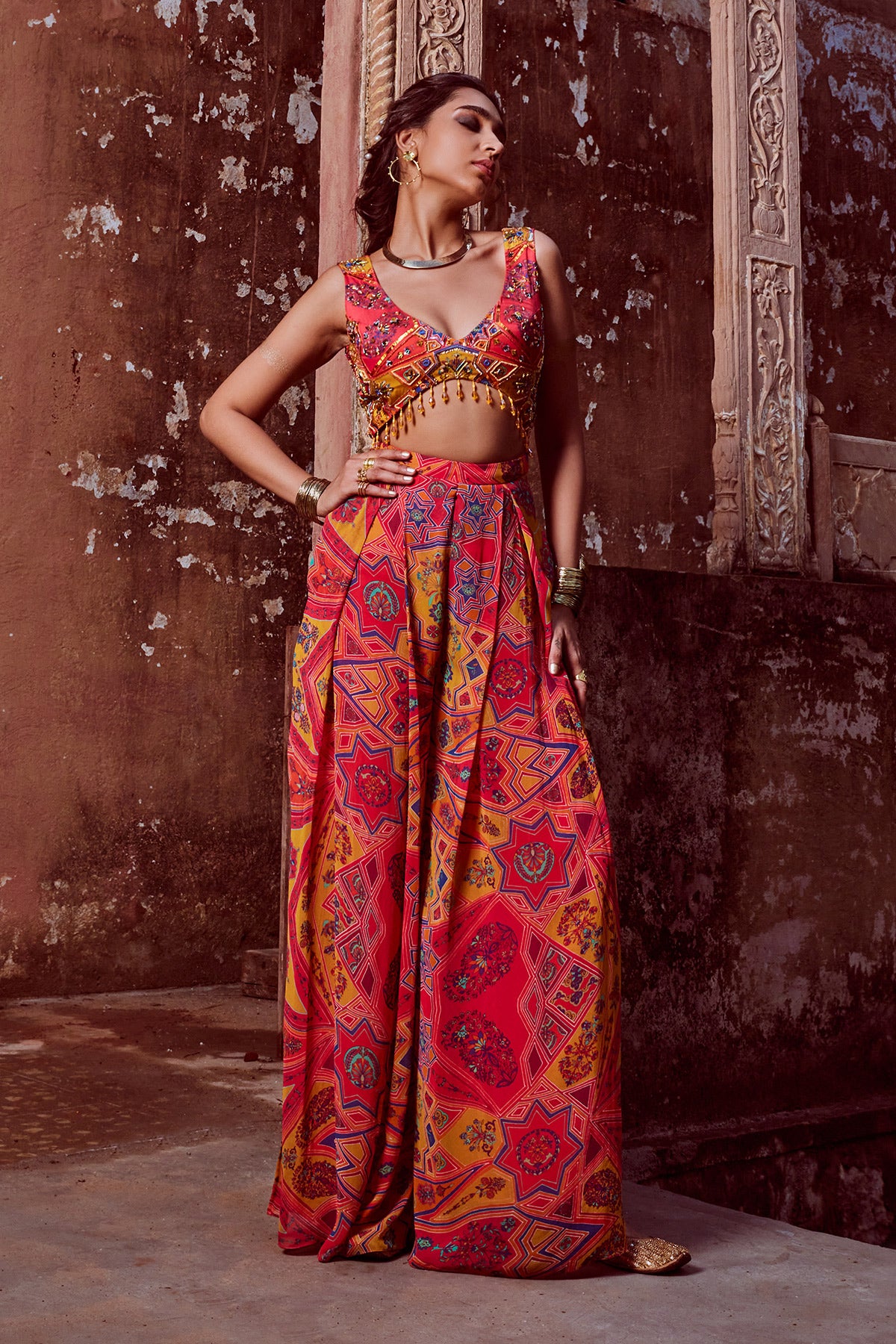 Yellow Jaal Print Highlighted Box Pleated Slit Open Jumpsuit