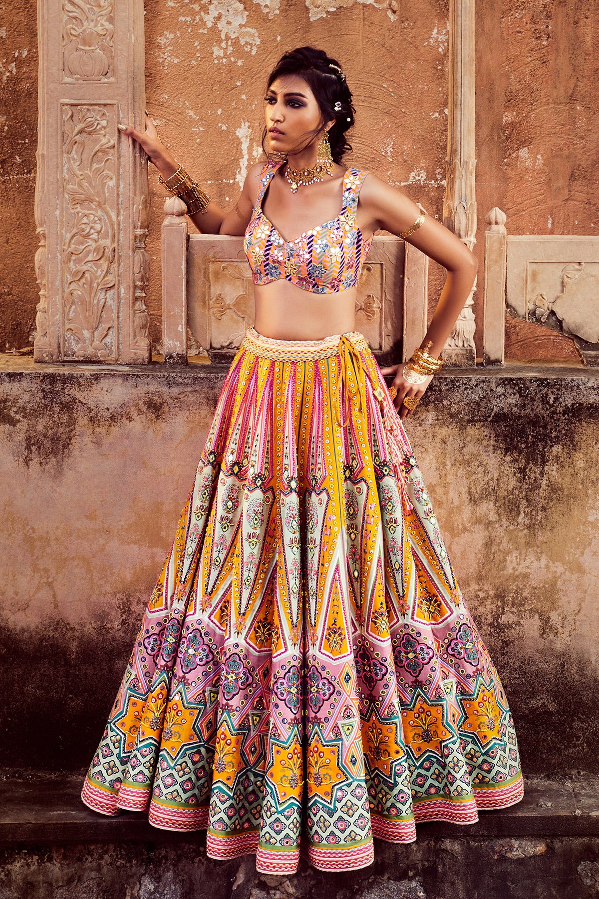 Yellow & Green Geometric Print Lehenga And Organza Embroidered Dupatta