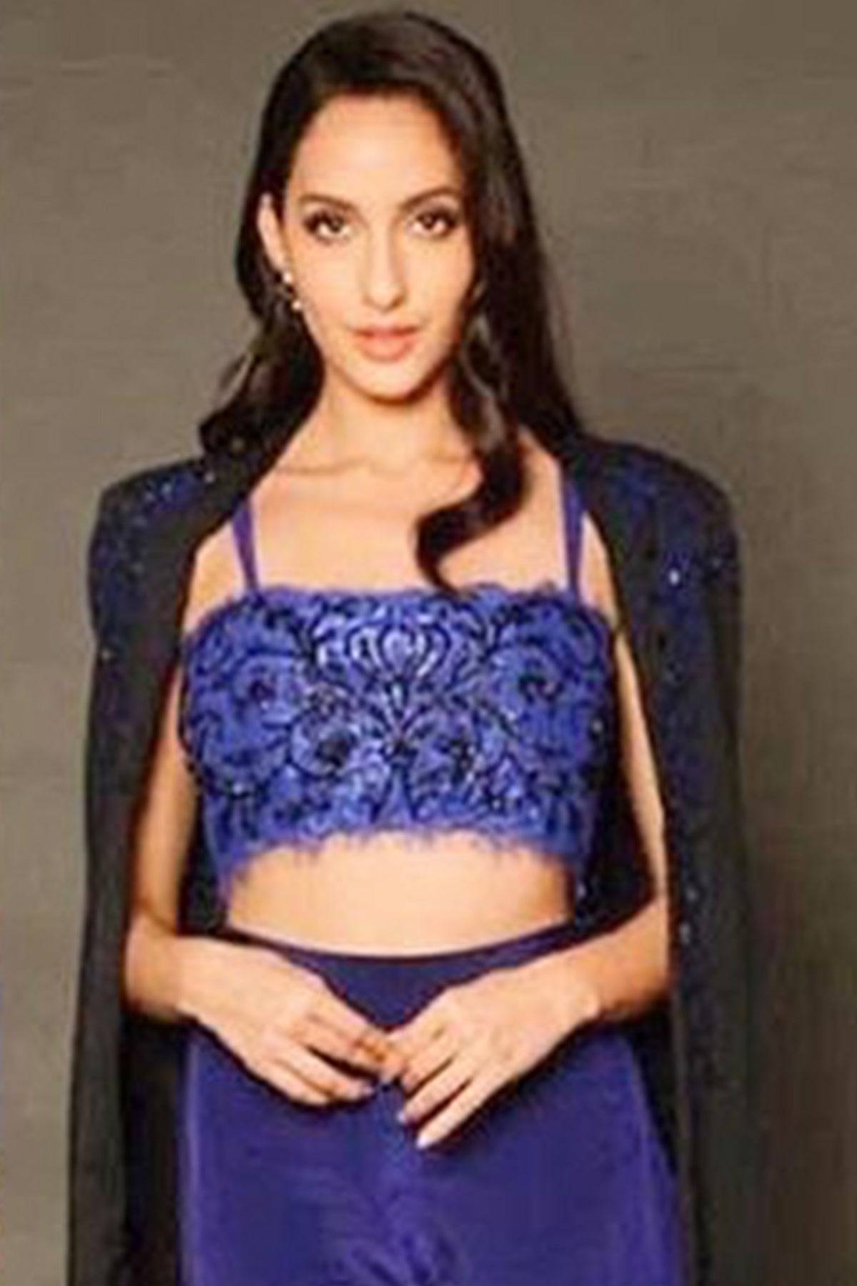 Nora Fatehi in Embroidered Cape With Bustier and Pants