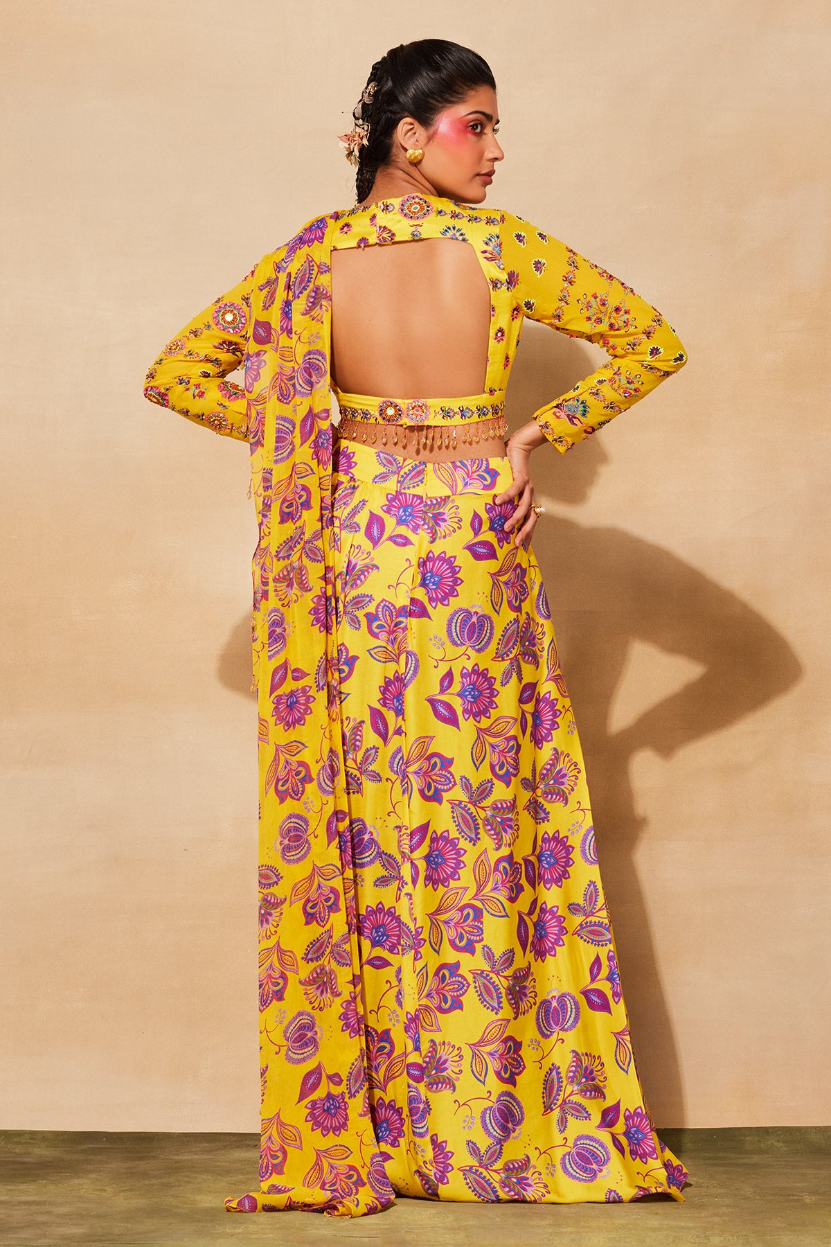 YELLOW PRINT & EMBROIDERED SAREE SET