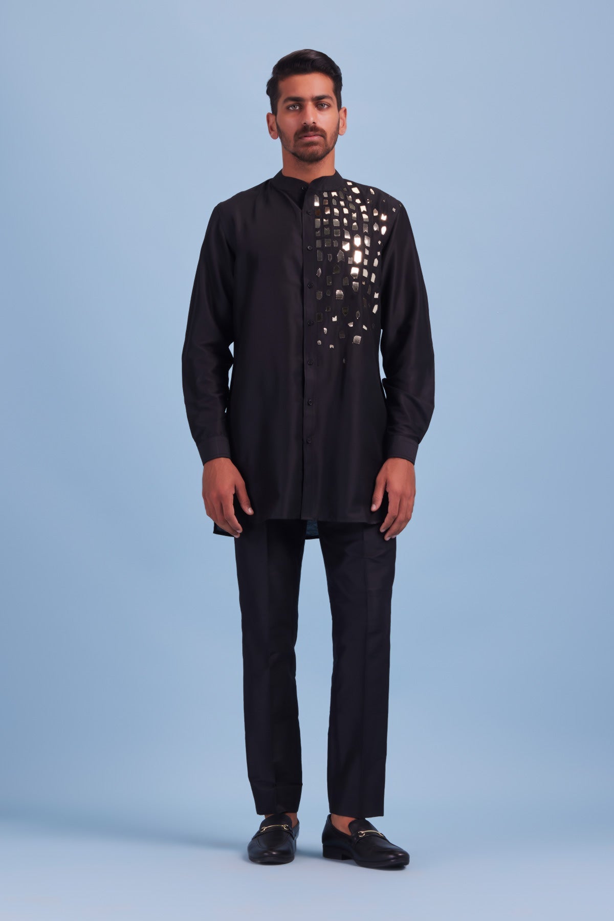 Black Acrylic and Thread Embroidered Dropdown Kurta Shirt With Black Pants