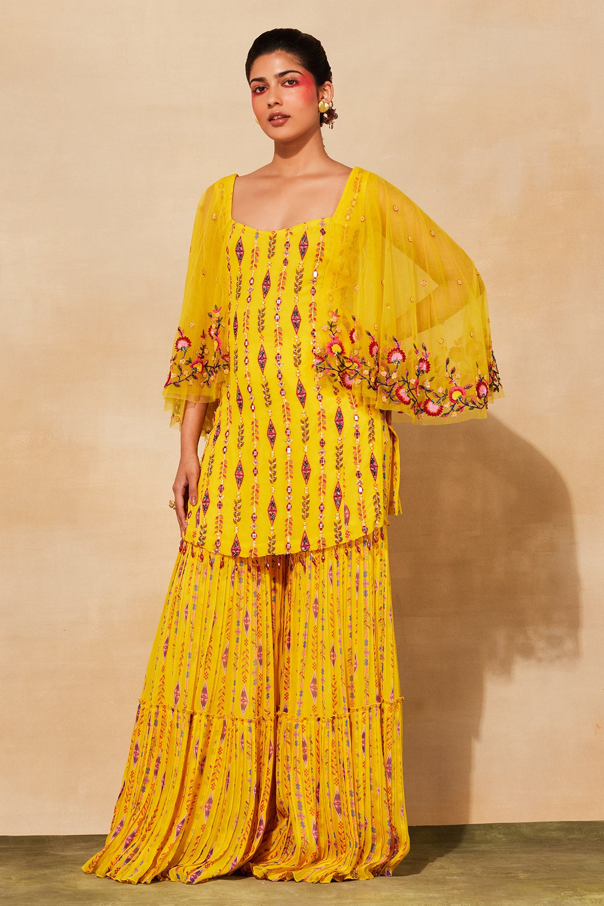 YELLOW PRINT & EMBROIDERED KURTI SET