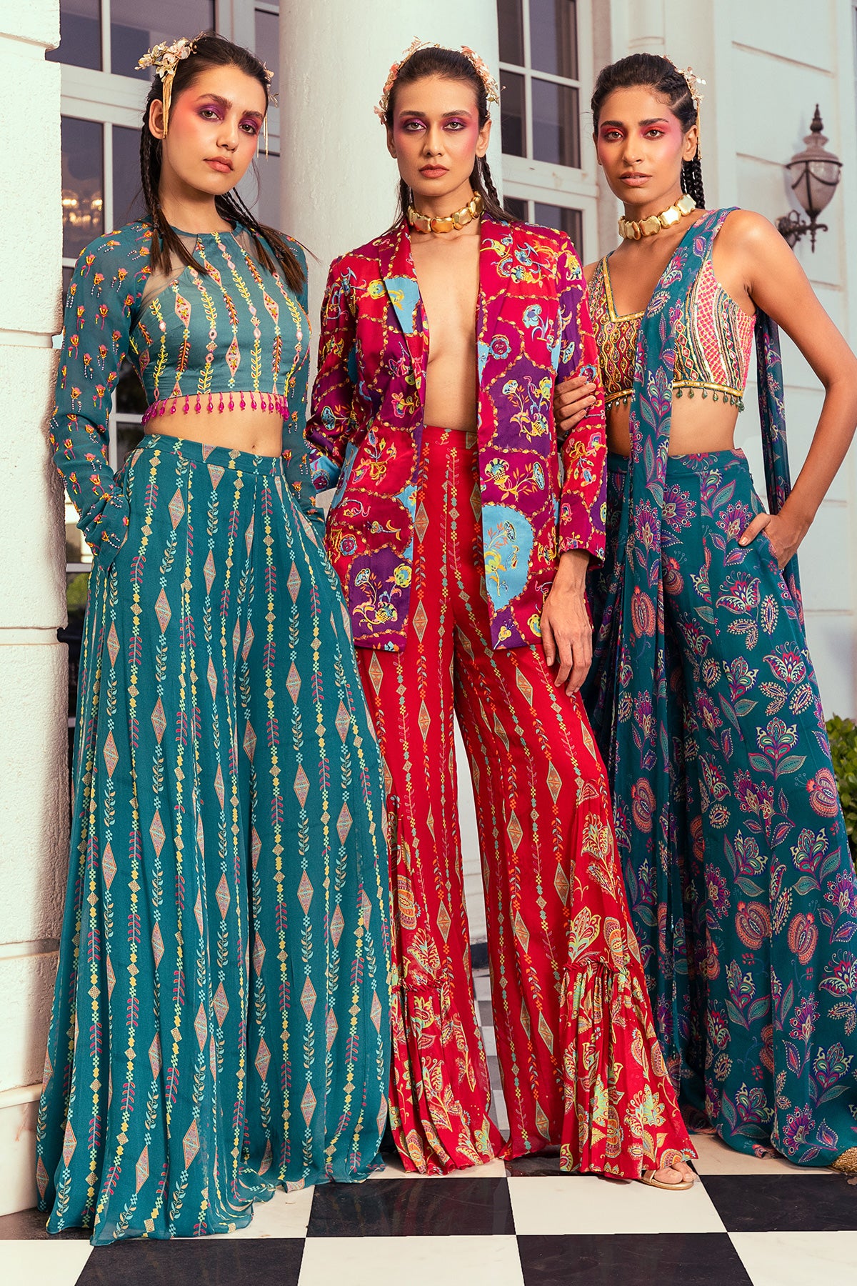 TEAL BLUEPRINT & EMBROIDERED CROP TOP SET