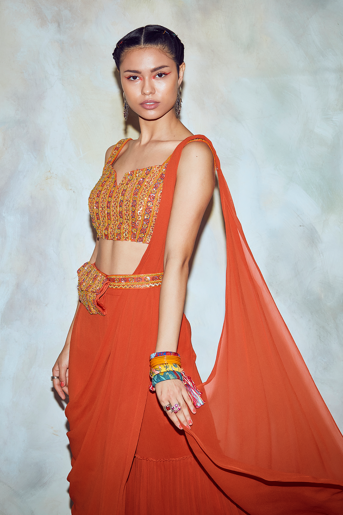Rust Mix Embroidered Saree Set
