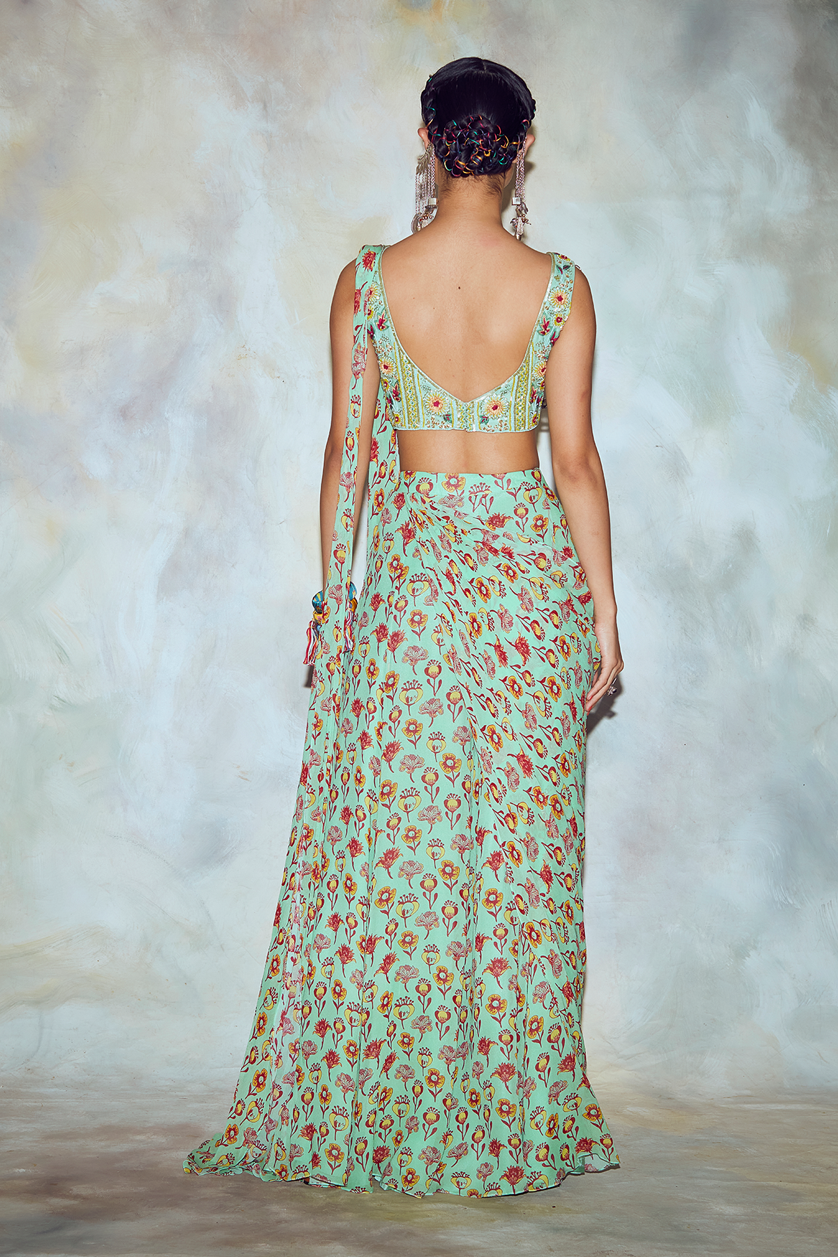 Mint Green Floral Saree Set