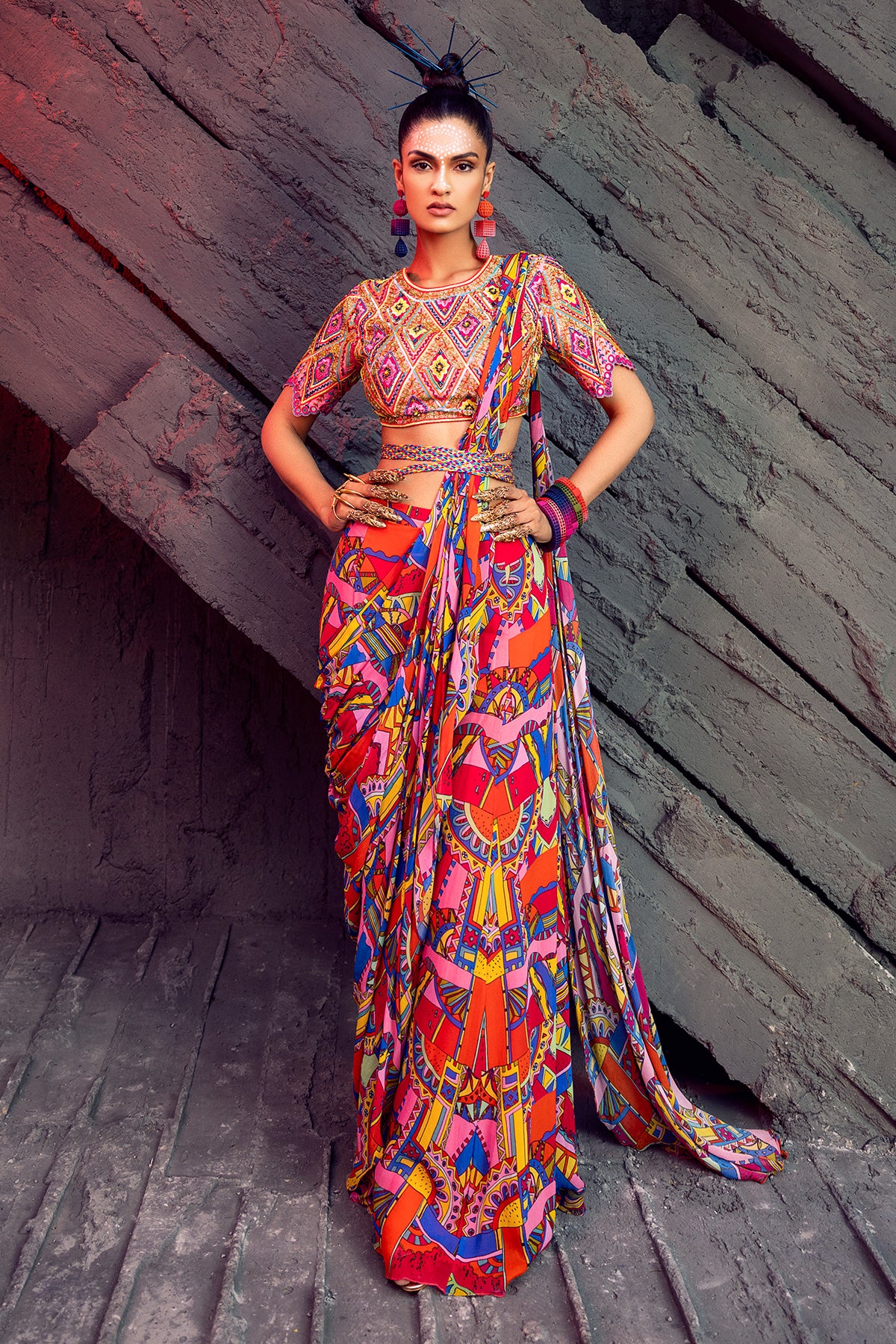 Pink geometric print sharara saree set