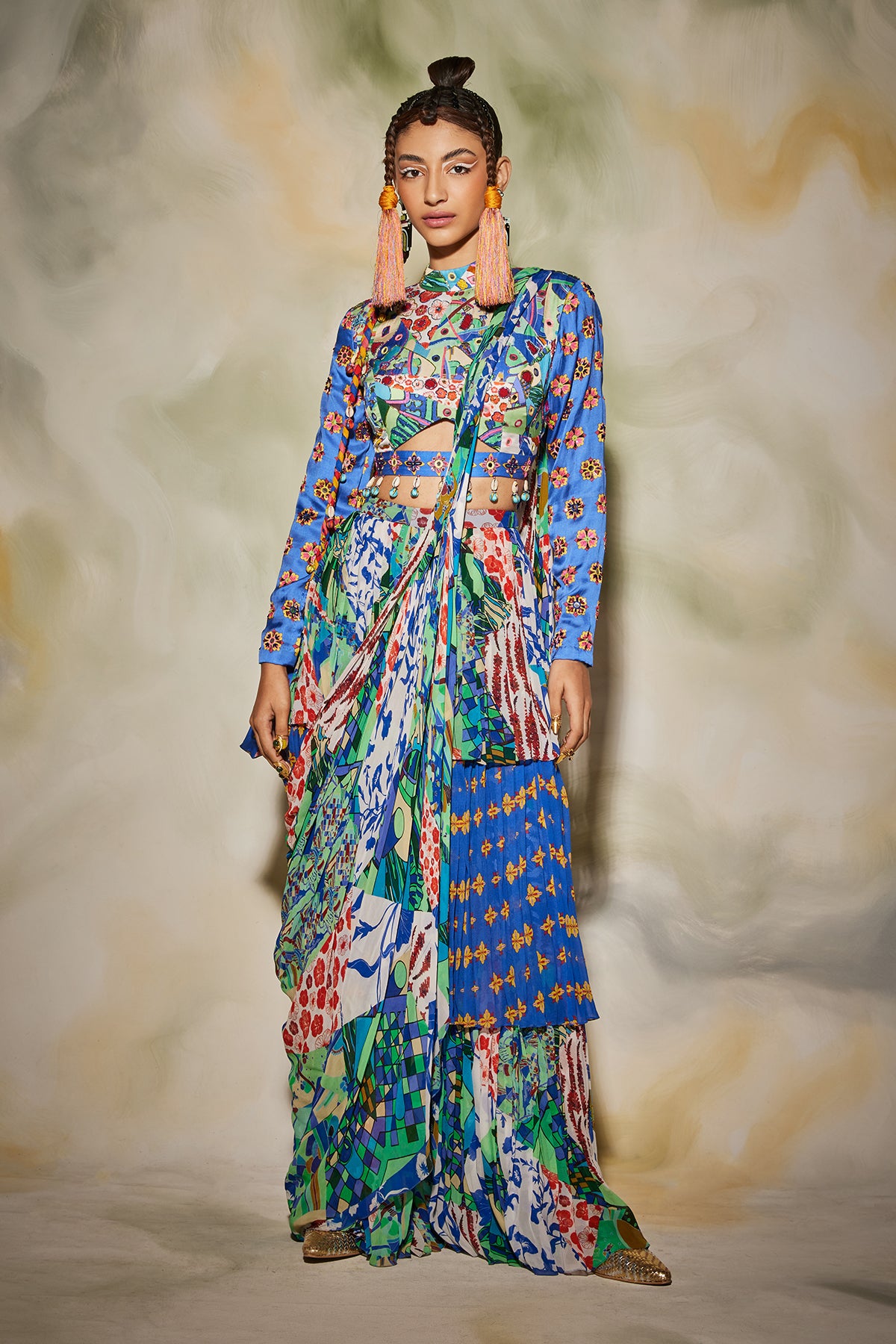 White & Blue Aztec Butta Printed Saree Set