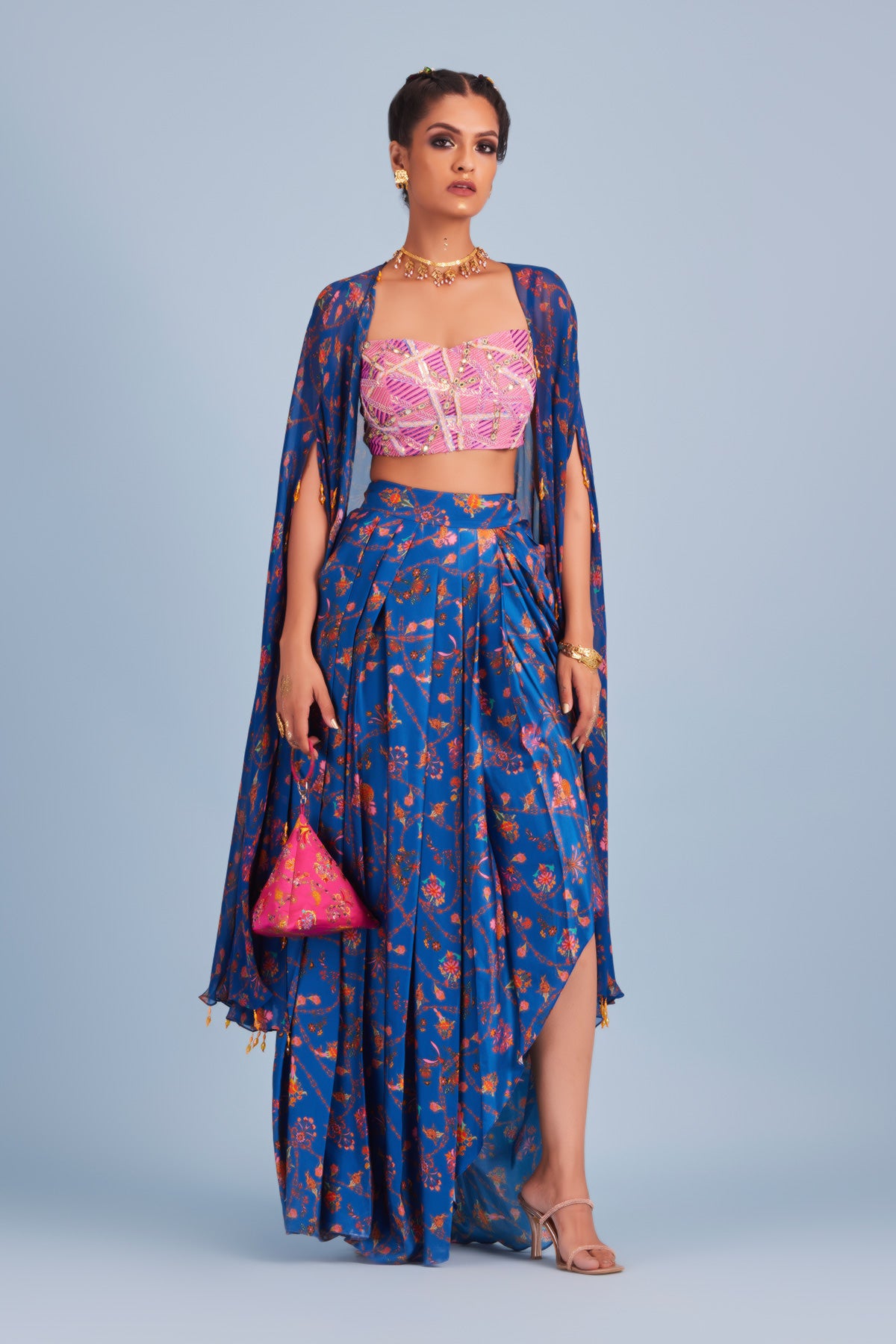 Pink Embroidered Abstract Stripe Bustier & Cape Set