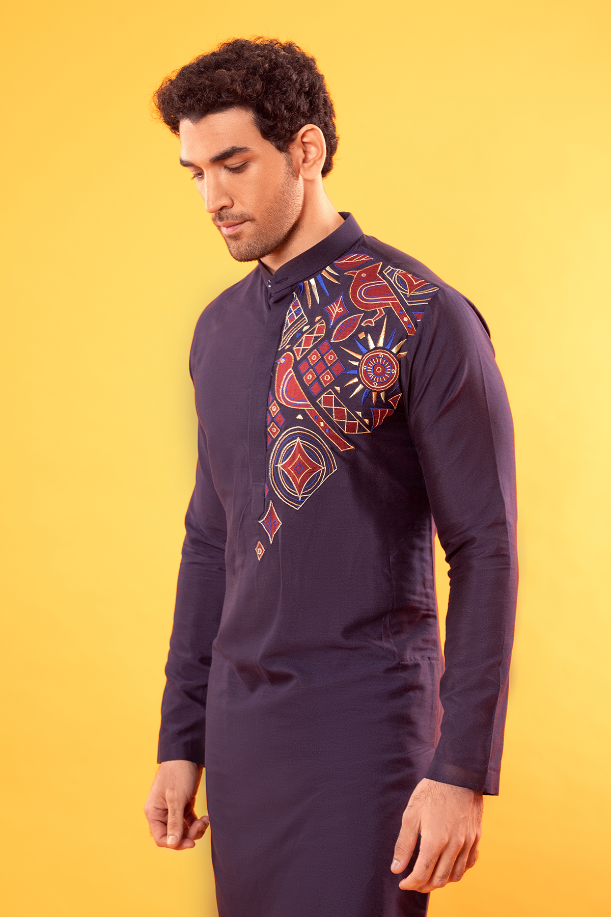 Navy Blue Multi Color Embroidered Kurta & Bandi
