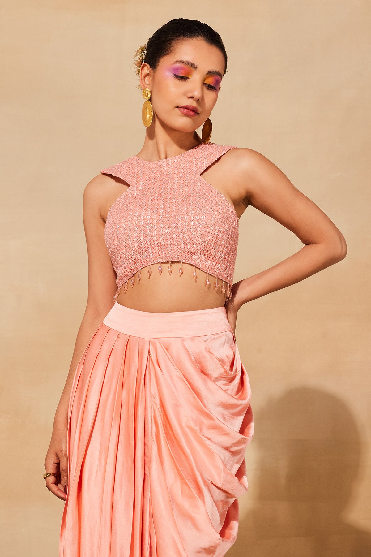 PEACH EMBROIDERED CROP TOP SET