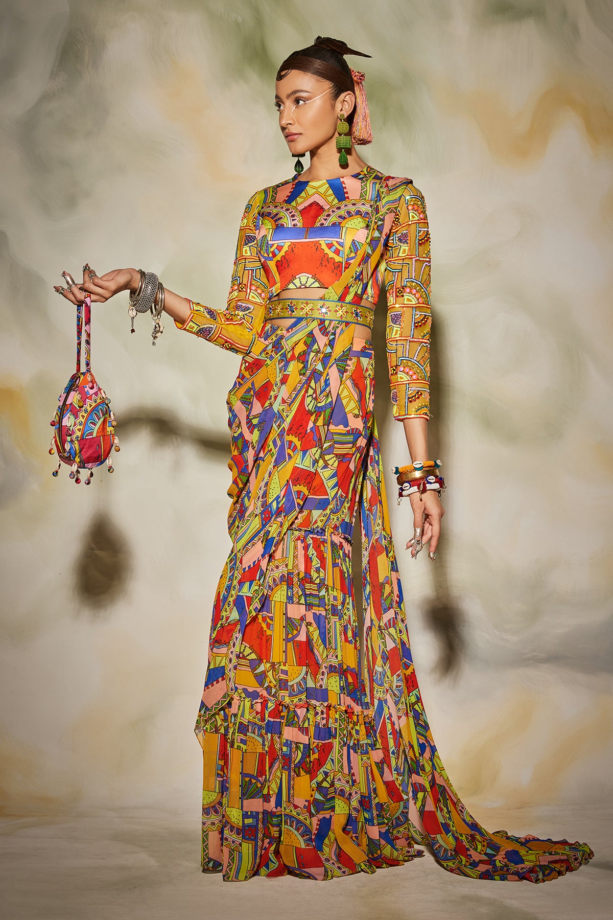 Neon Geometric Printed Gharara Saree Set With Belt & Drop Potali Bag
