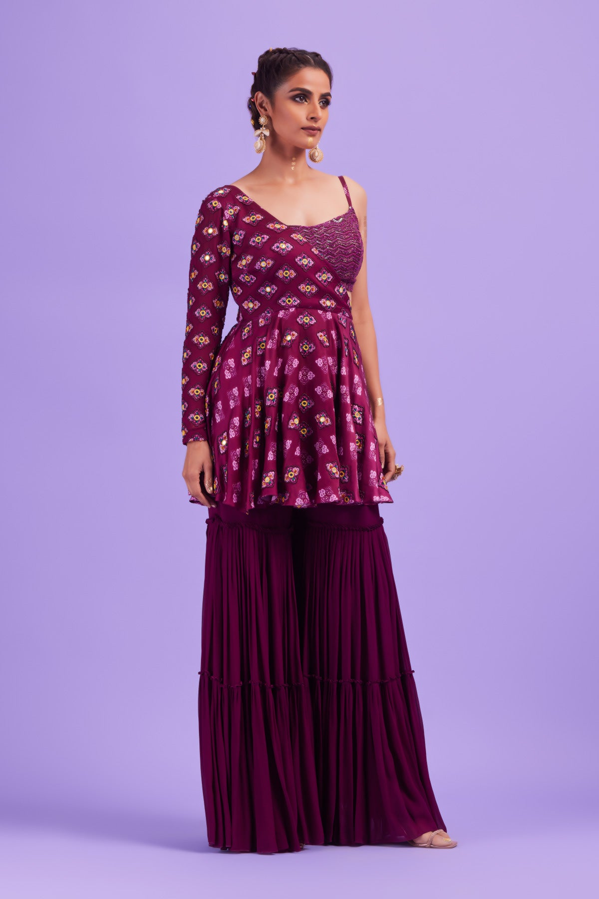 Purple Asymmetrical Butta Print & Highlighted Peplum Set