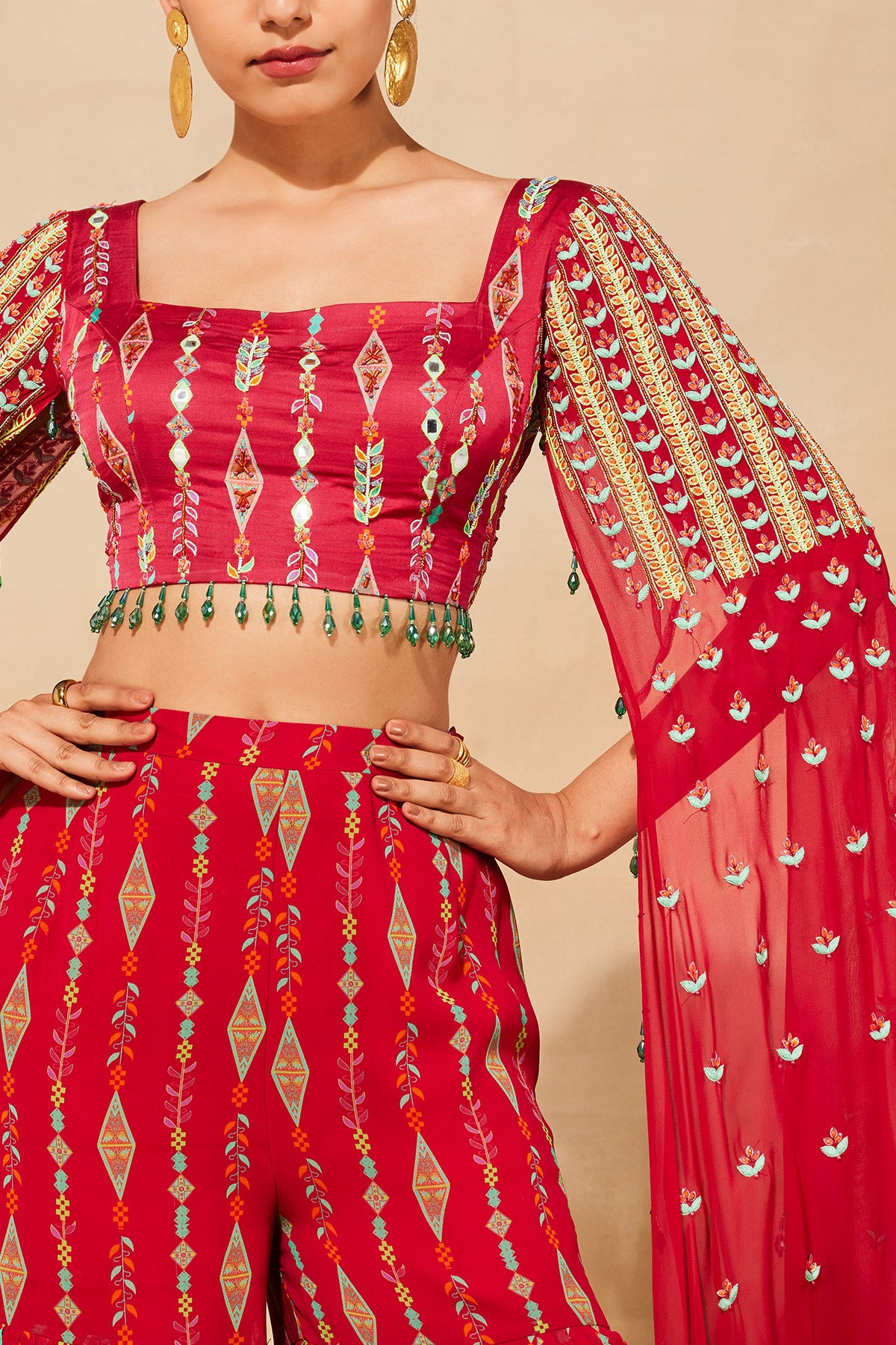CRIMSON RED PRINT & EMBROIDERED CROP TOP SET