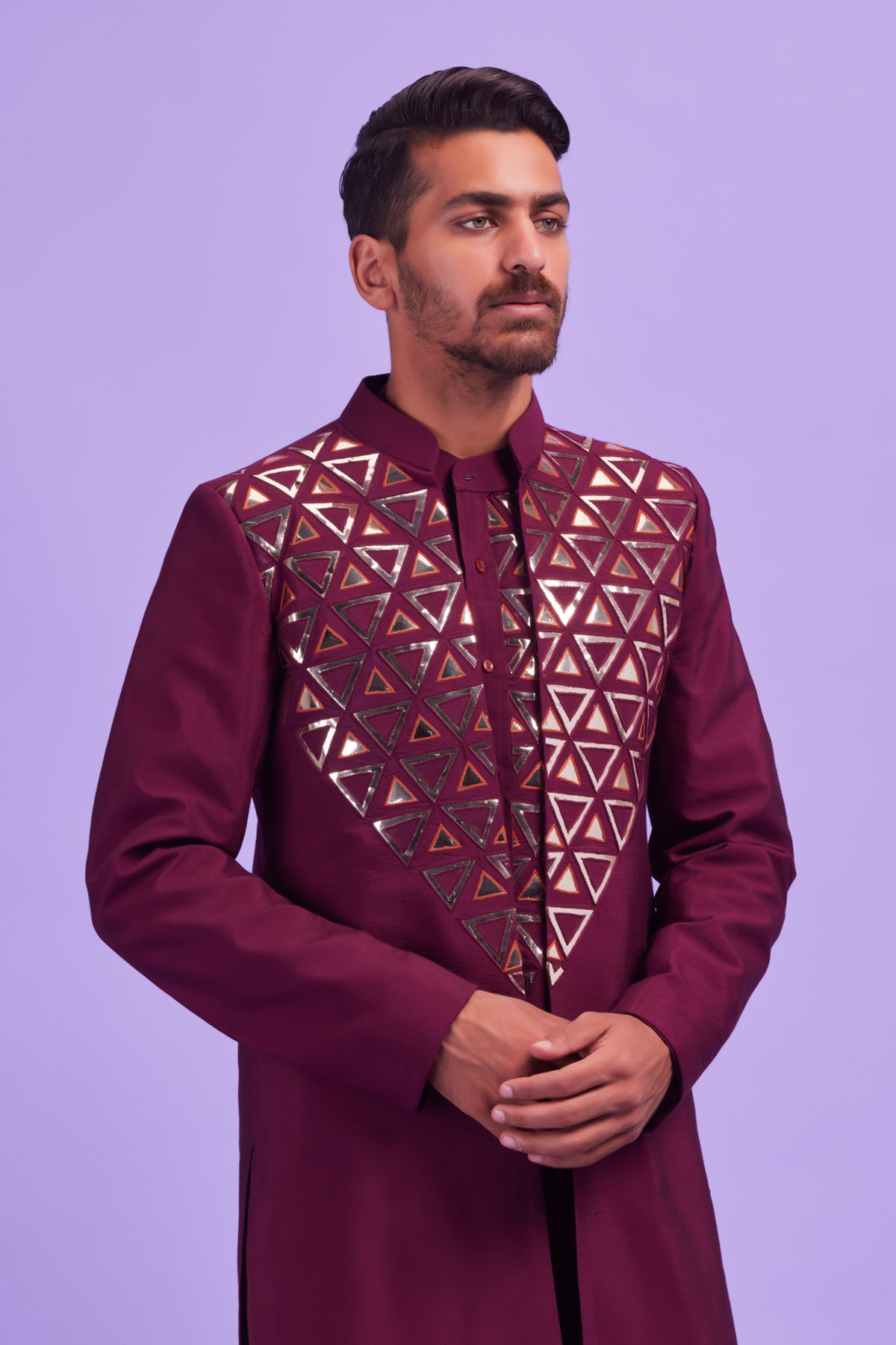 Wine Acrylic and Thread Triangle Embroidered Kurta Shirt With Wine Embroidered Long Jacket With Pants