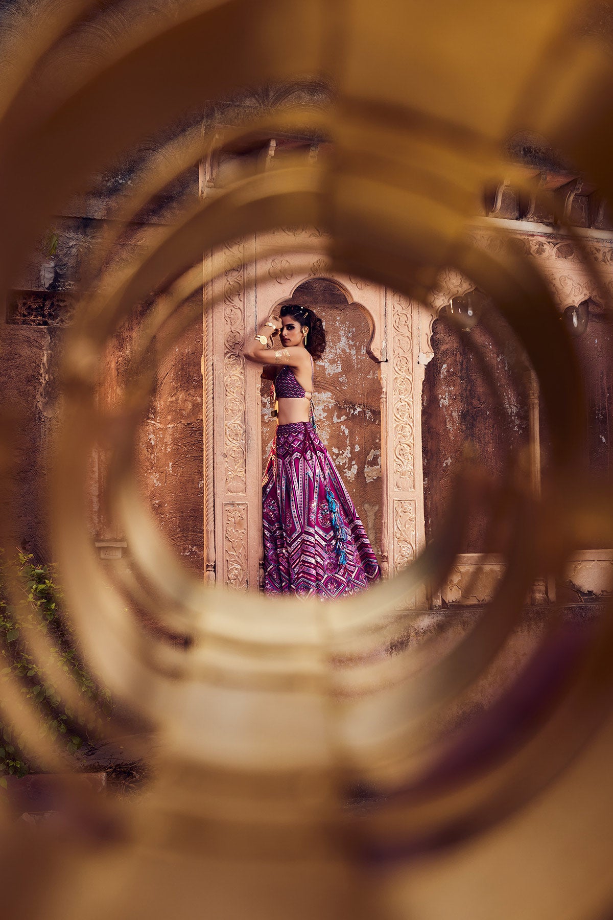 Purple Geometric Print & Highlighted Blouse Lehenga And Organza Embroidered Dupatta