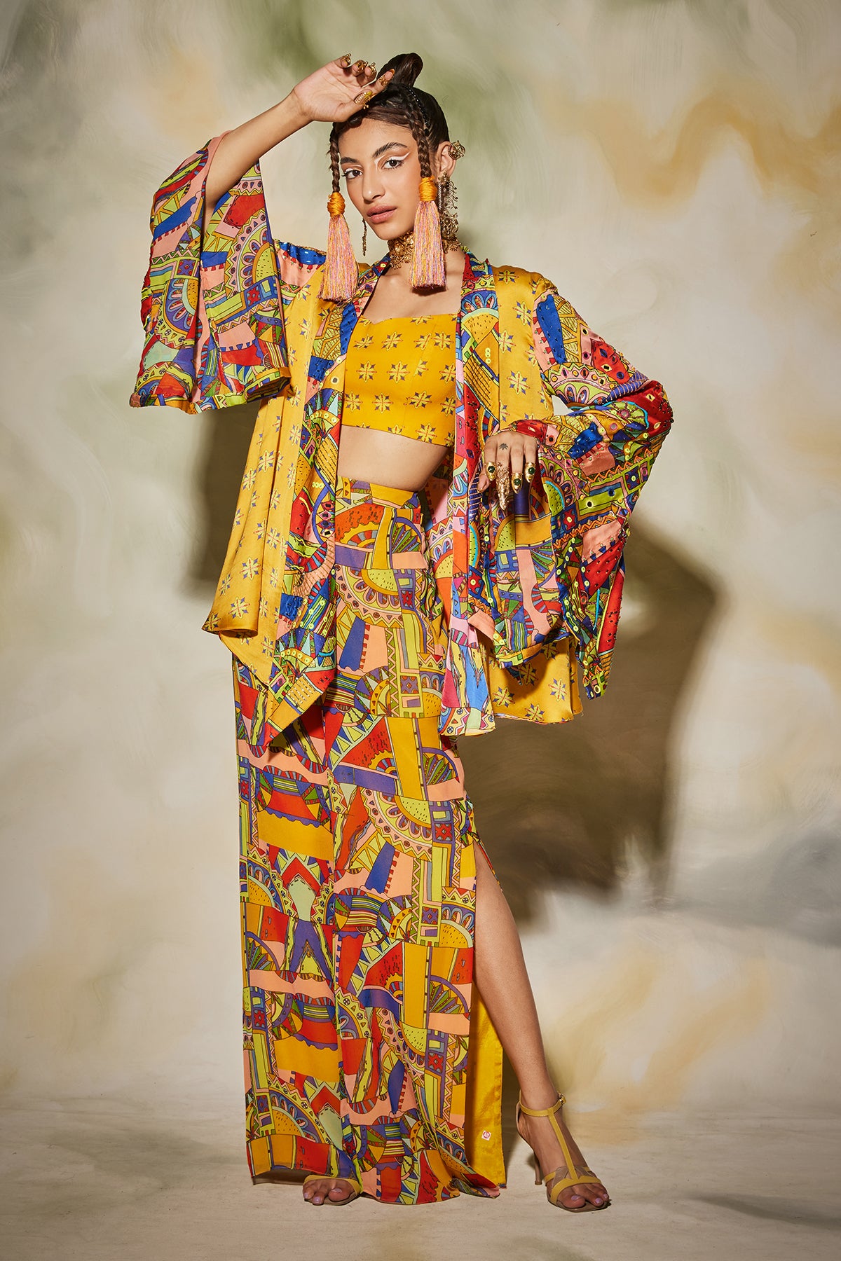 Yellow Butta Print With Neon Geometric Print Highlighted Kimono Set