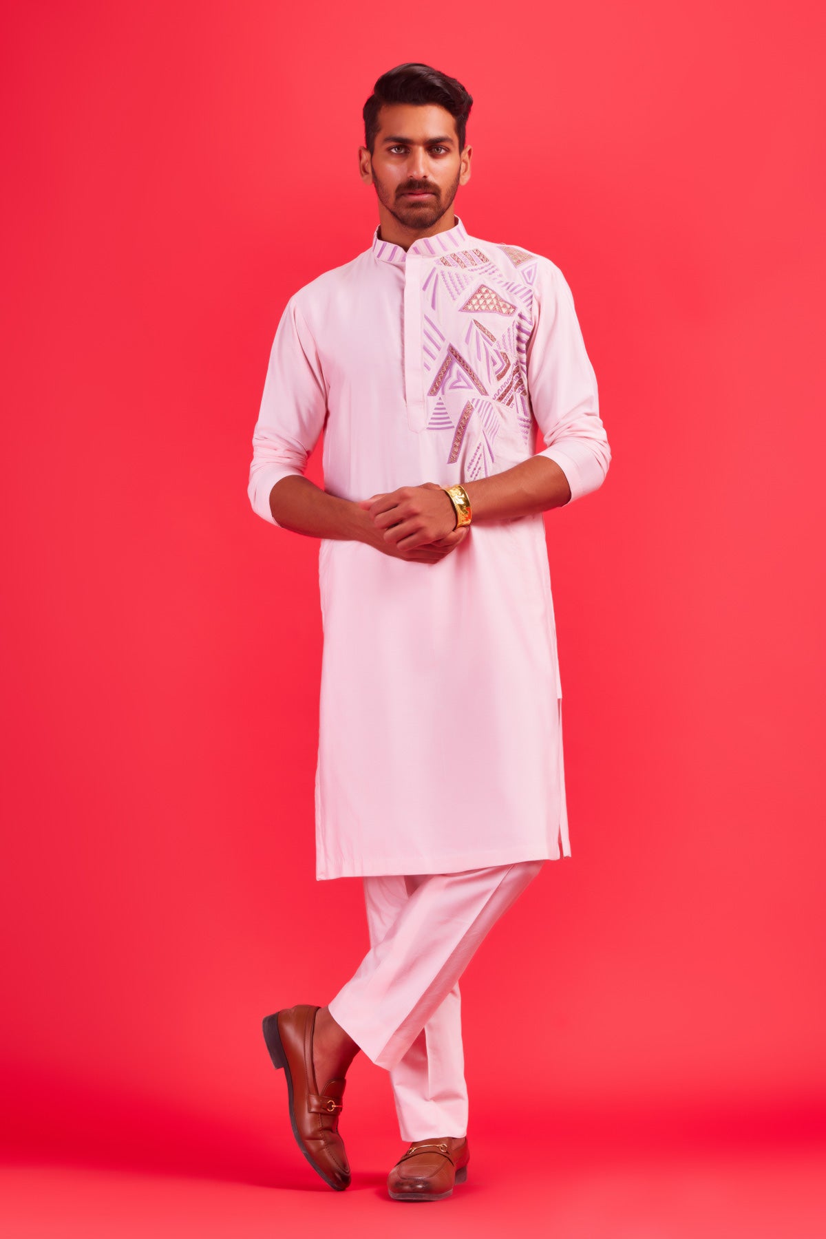 Blush Pink Self on Self Abstract One Side Embroidered Kurta With Blush Pink  Pants