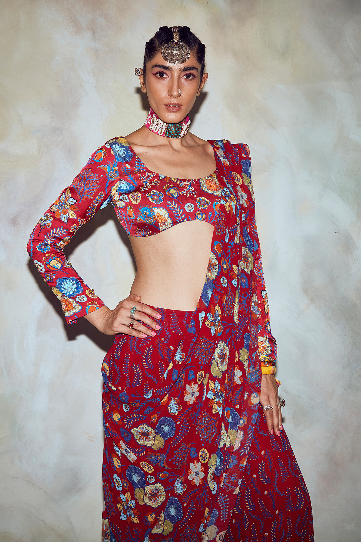 Crimson Red Jaal Print Crop Top Set