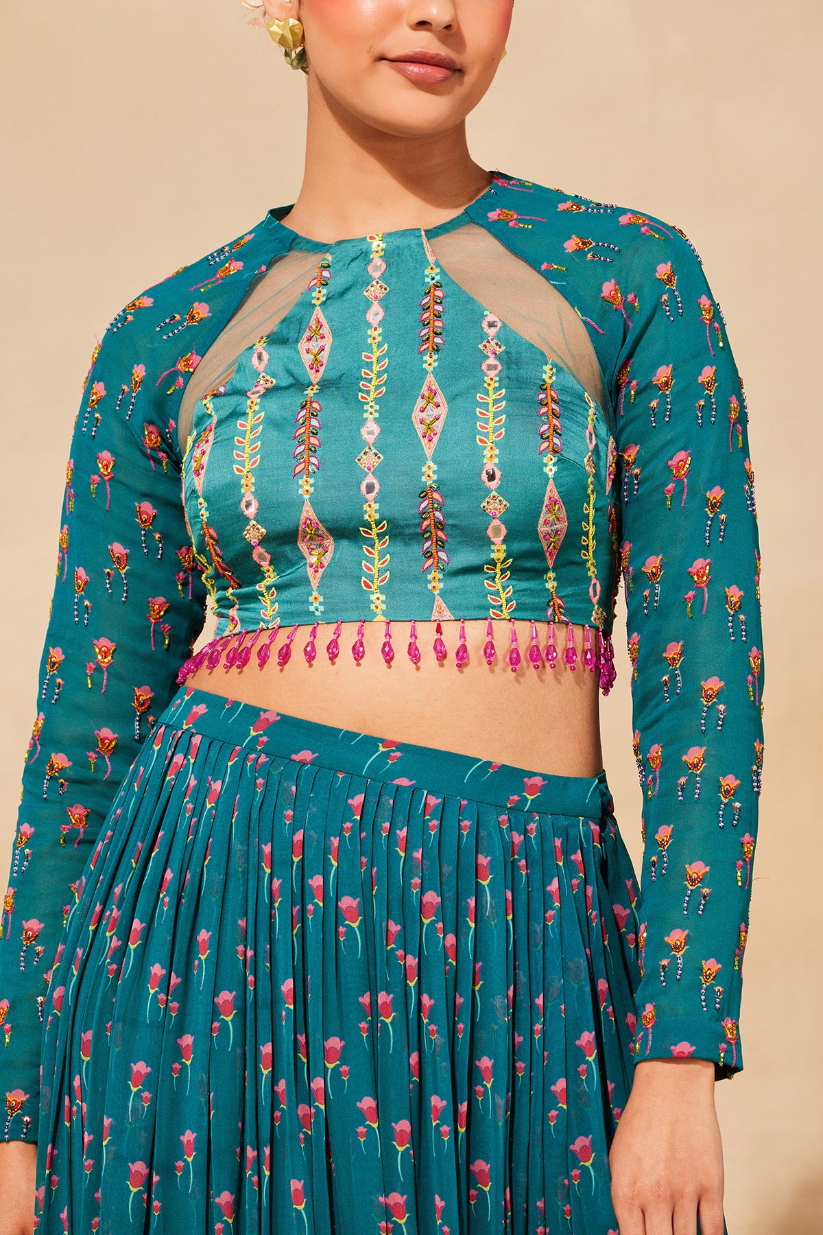 TEAL BLUE PRINT & EMBROIDERED  SAREE SET