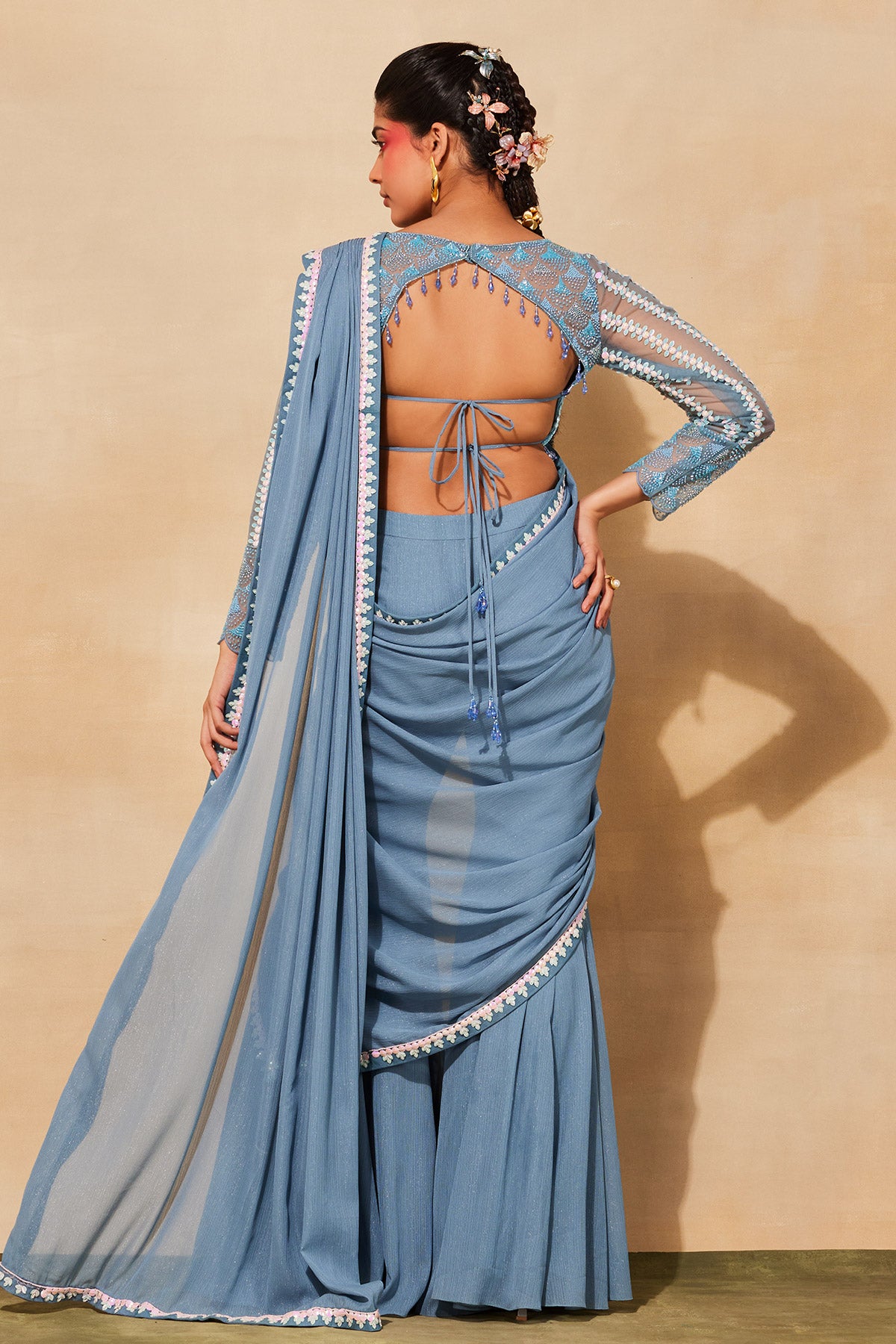 POWDER BLUE SCALLOP EMBROIDERED SAREE SET