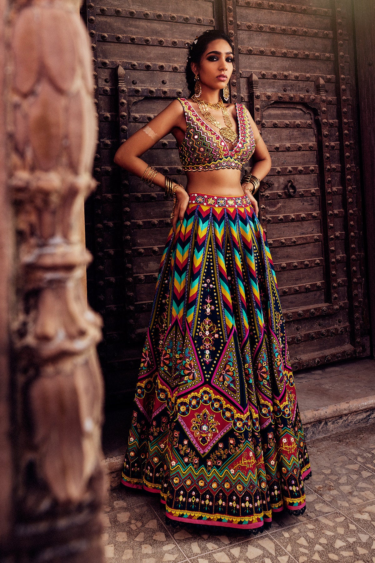 Teal Blue Chevron Print & Highlighted Blouse Lehenga And Organza Embroidered Dupatta