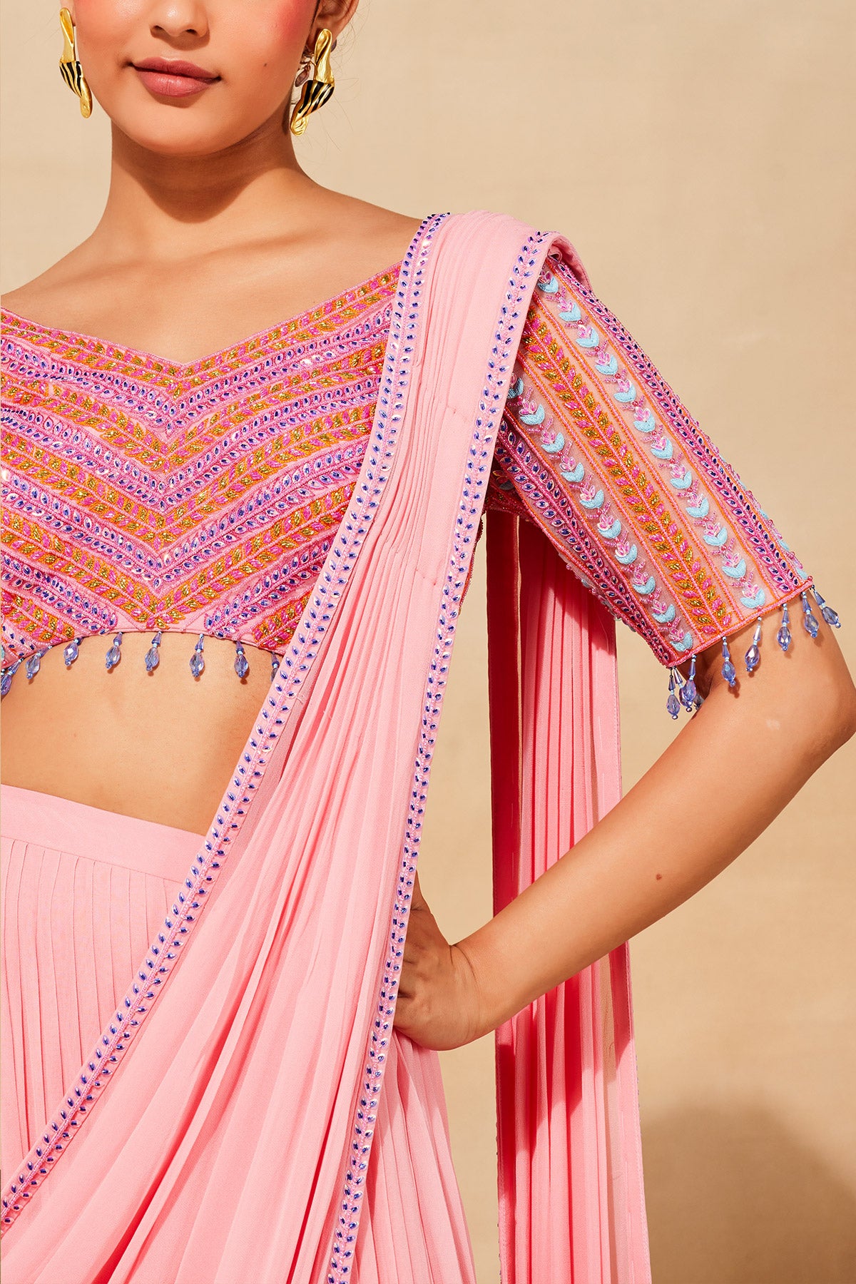 BLUSH PINK LEAF EMBROIDERED SAREE SET