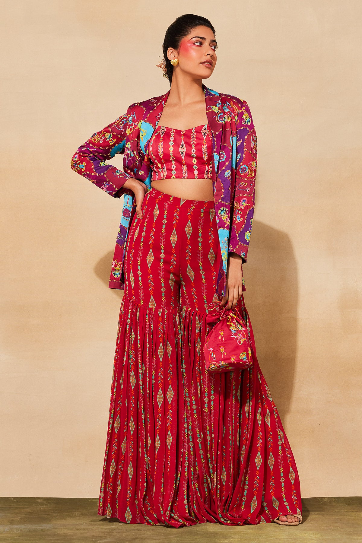 CRIMSON RED PRINT & EMBROIDERED BLAZER SET