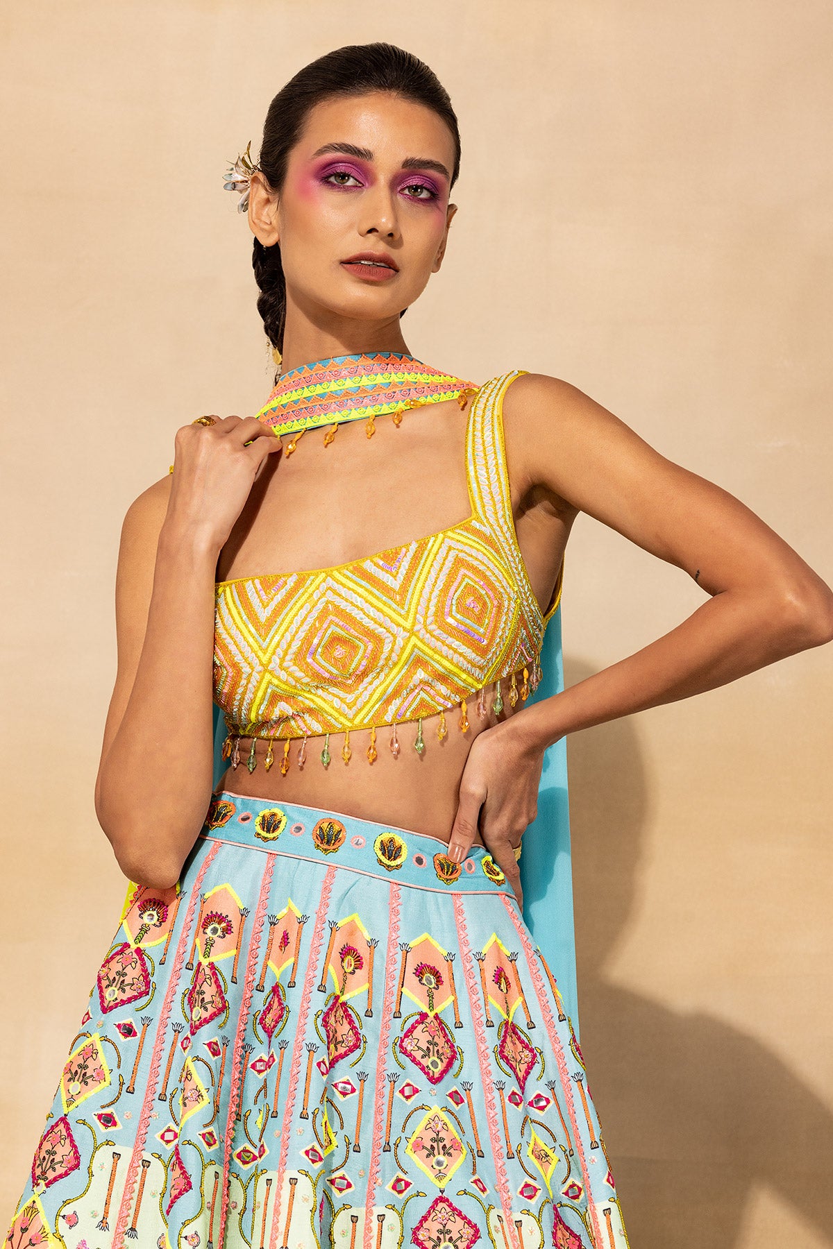 PASTEL YELLOW PRINT & EMBROIDERED LEHENGA SET
