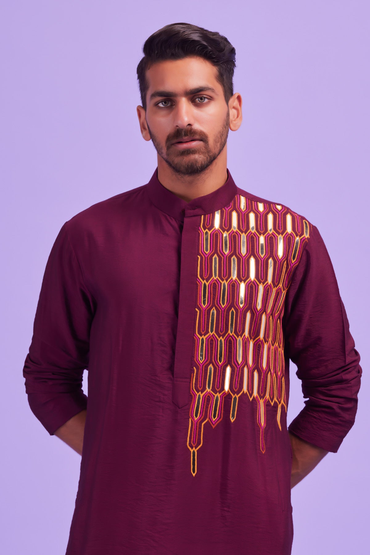 Wine Thread and Acrylic Brick Embroidered Kurta With Wine Pants