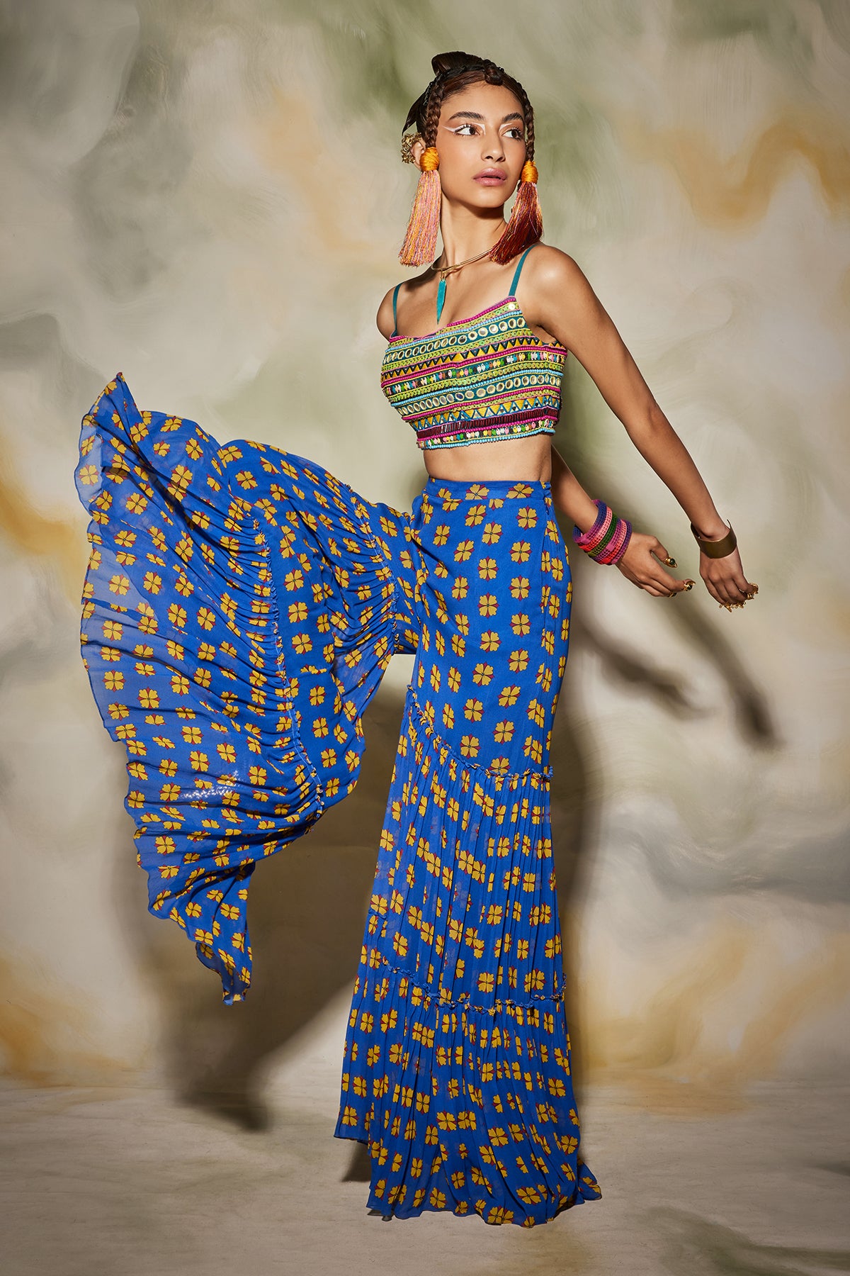 Blue Embroidered Bustier Crop Top with Butta Print Gharara Pant With Dupatta
