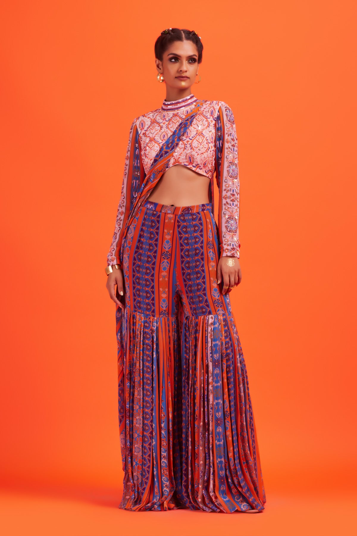 Peach Embroidered Blouse With Rust Stripe Printed Gharara Sari