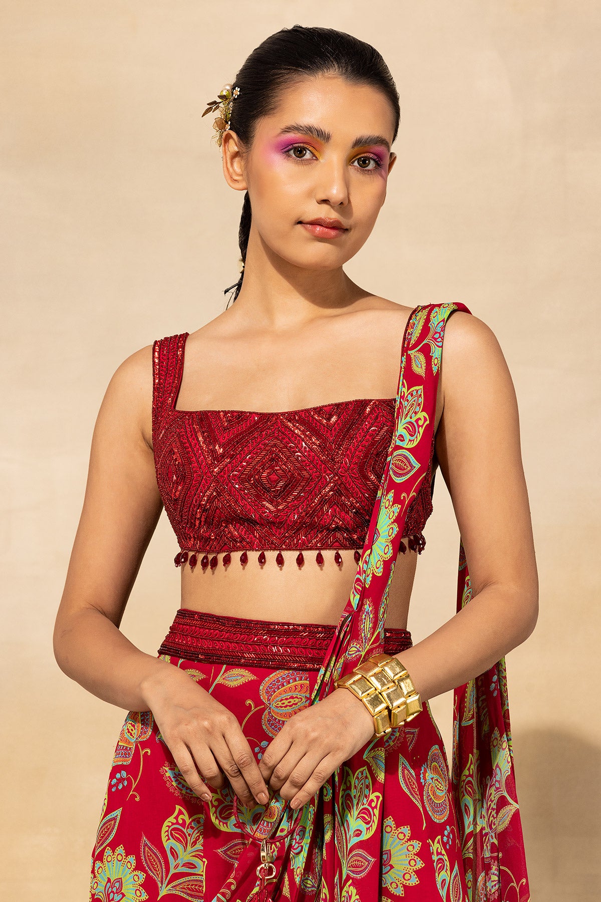 CRIMSON RED DIAMOND EMBROIDERED & PRINTED SAREE SET