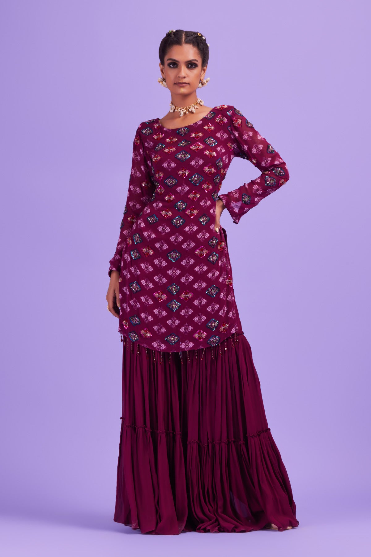 Purple Butta Print & Highlighted Kurti With Purple Gharara Pants