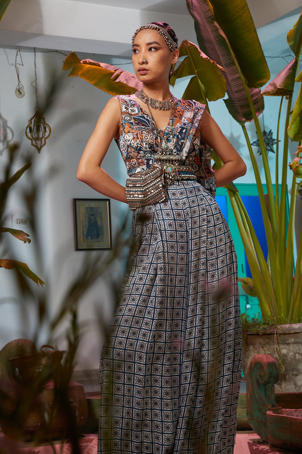 Grey & Teal Tile Print Box Pleat Pant Sari