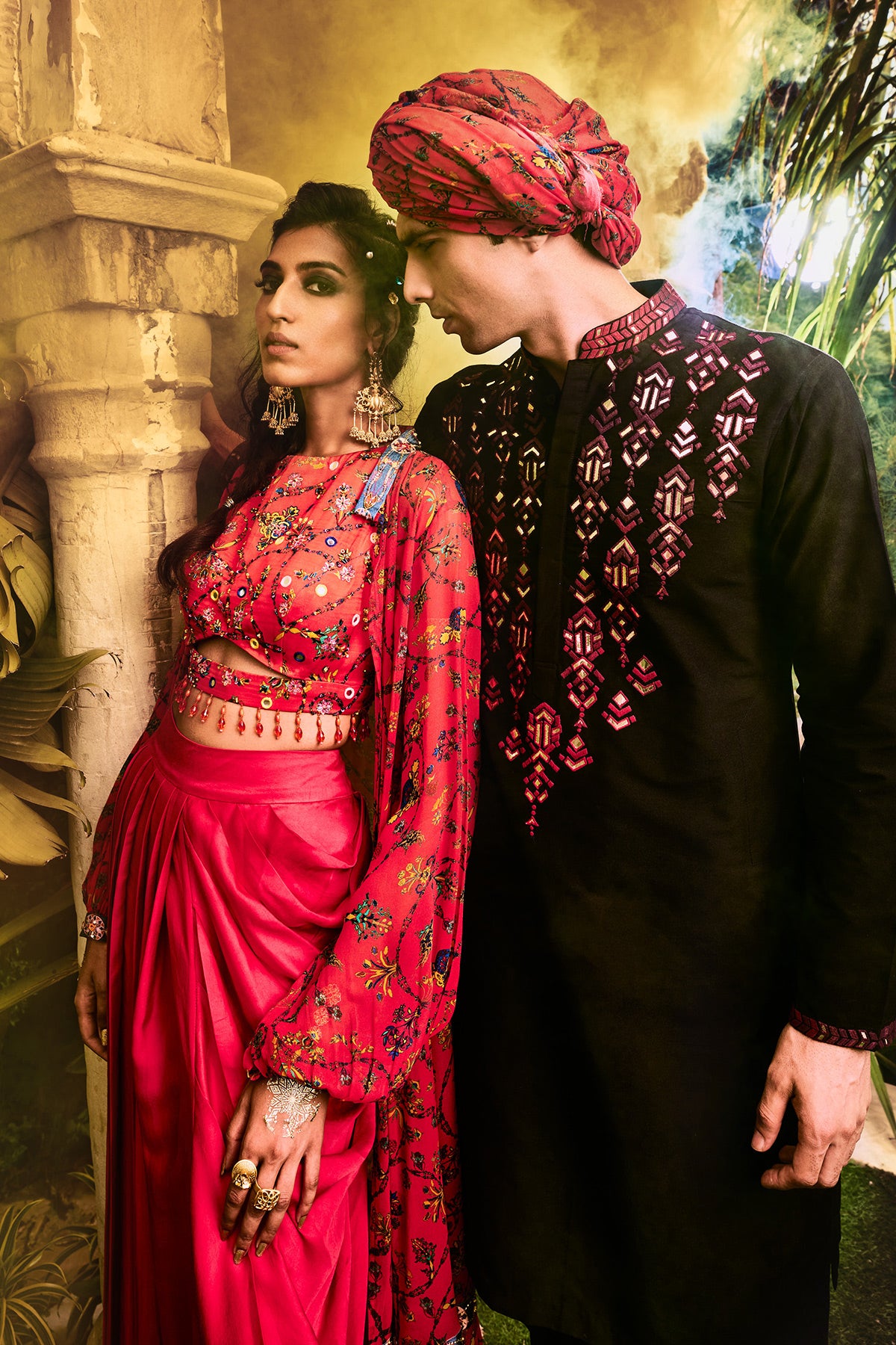 Red Bale Print Crop Top With Dhoti Skirt