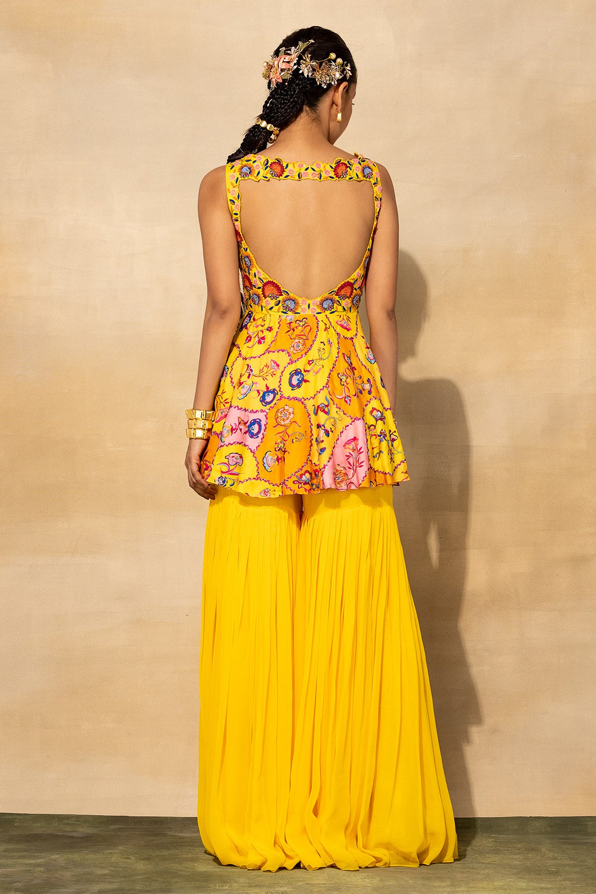 YELLOW PRINTED & EMBROIDERED PEPLUM SET