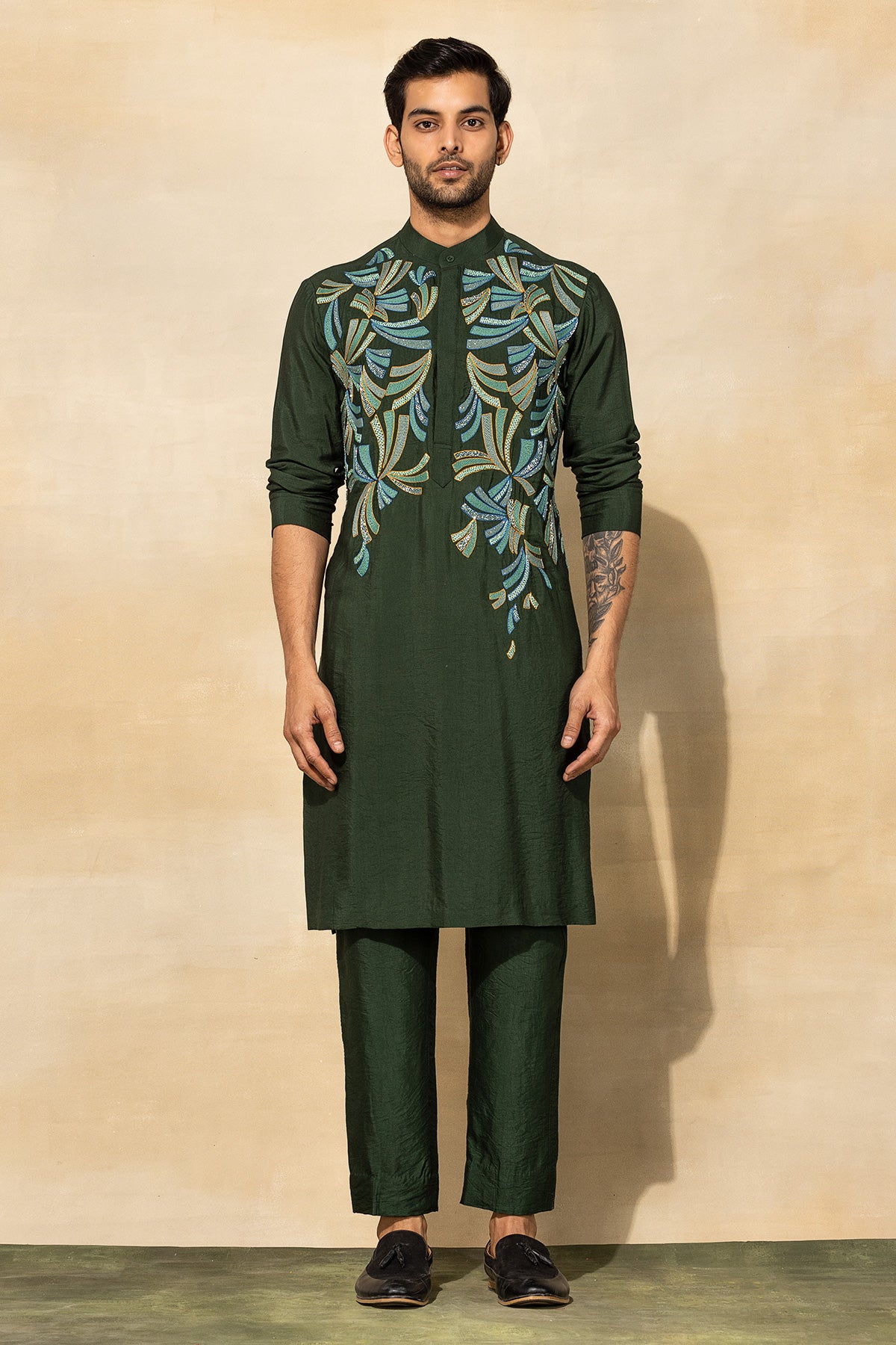 OLIVE GREEN CUTDANA EMBROIDERED KURTA