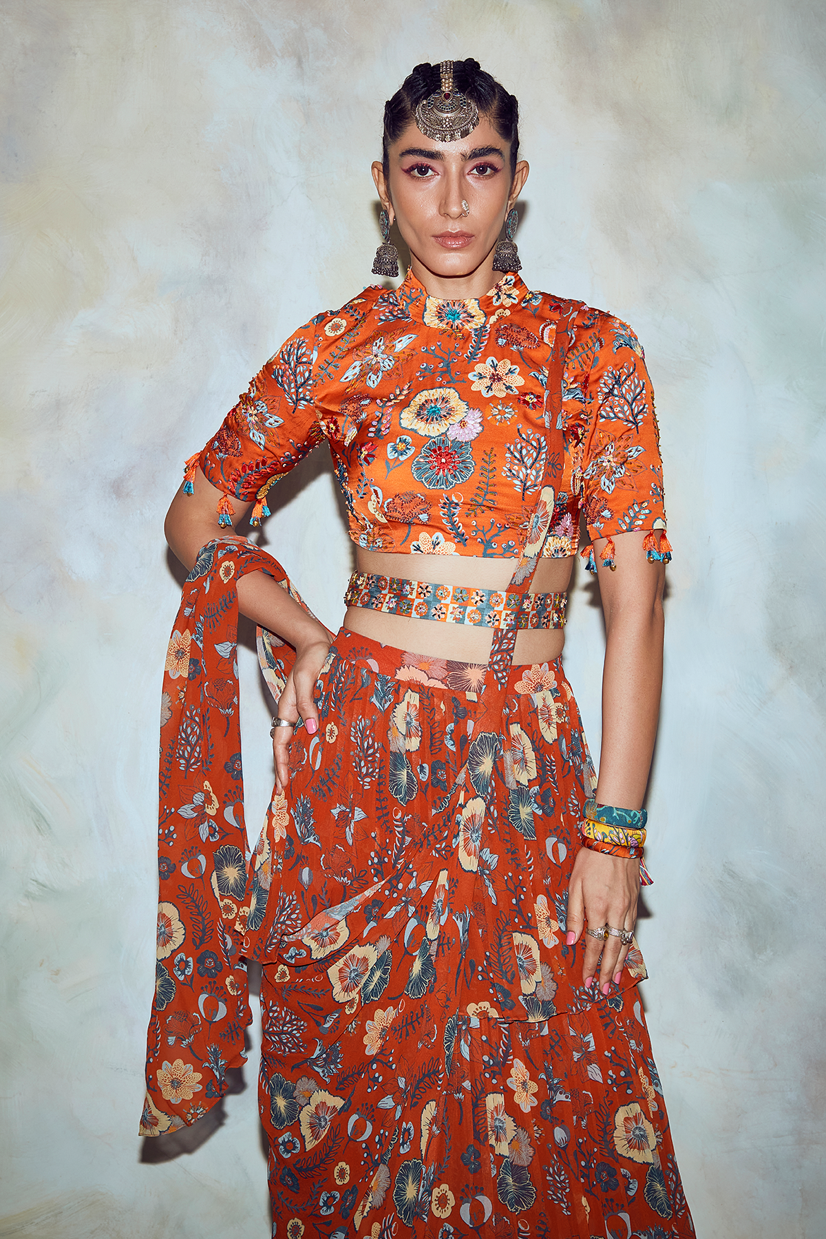 Rust Jaal Print Saree Set