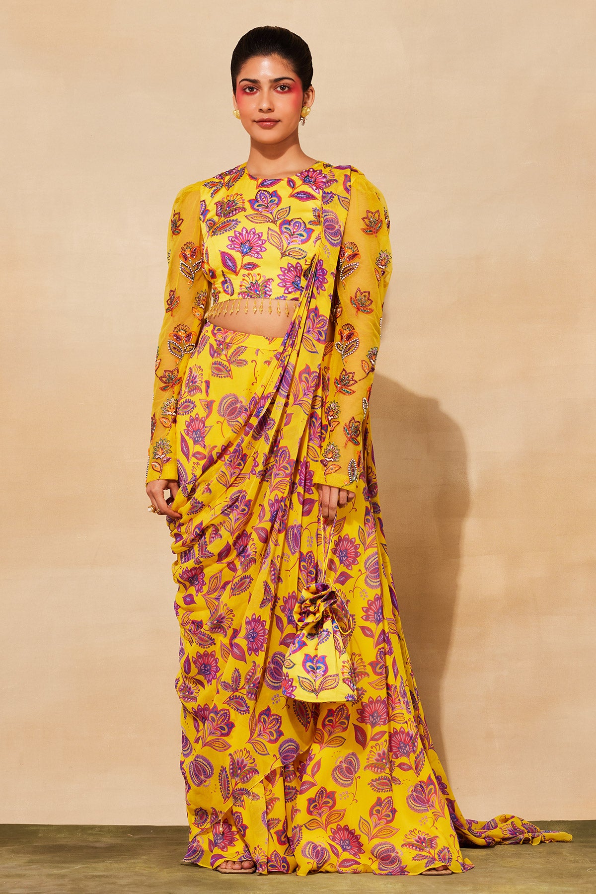 YELLOW PRINT & EMBROIDERED SAREE SET